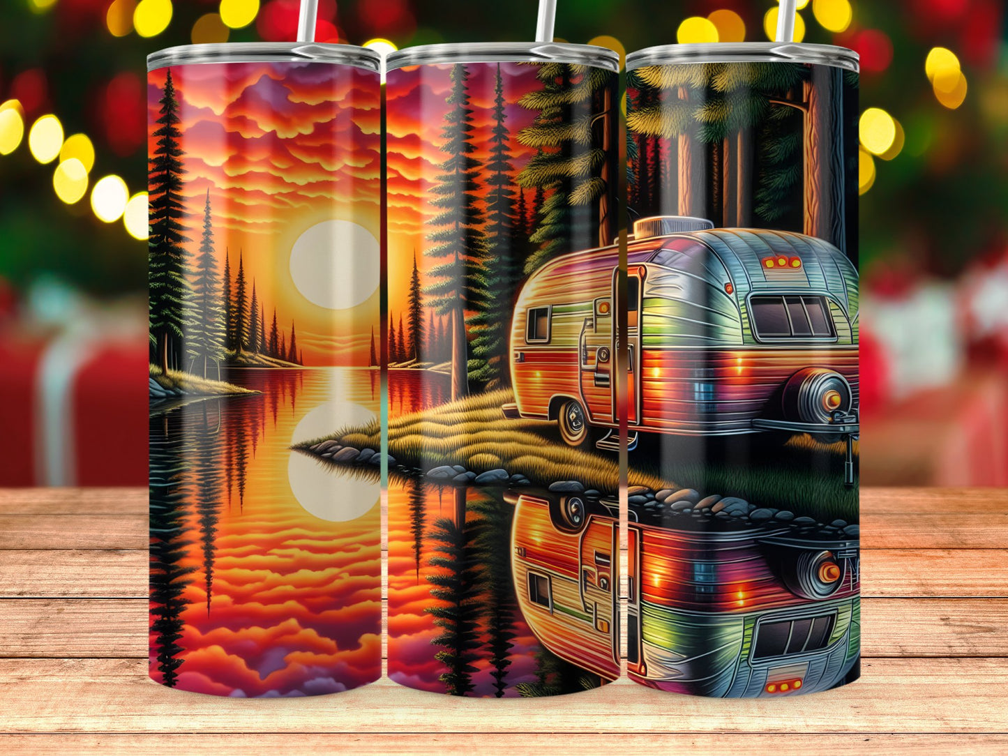 Scenic Sunrise Lake and Camper Design Tumbler product