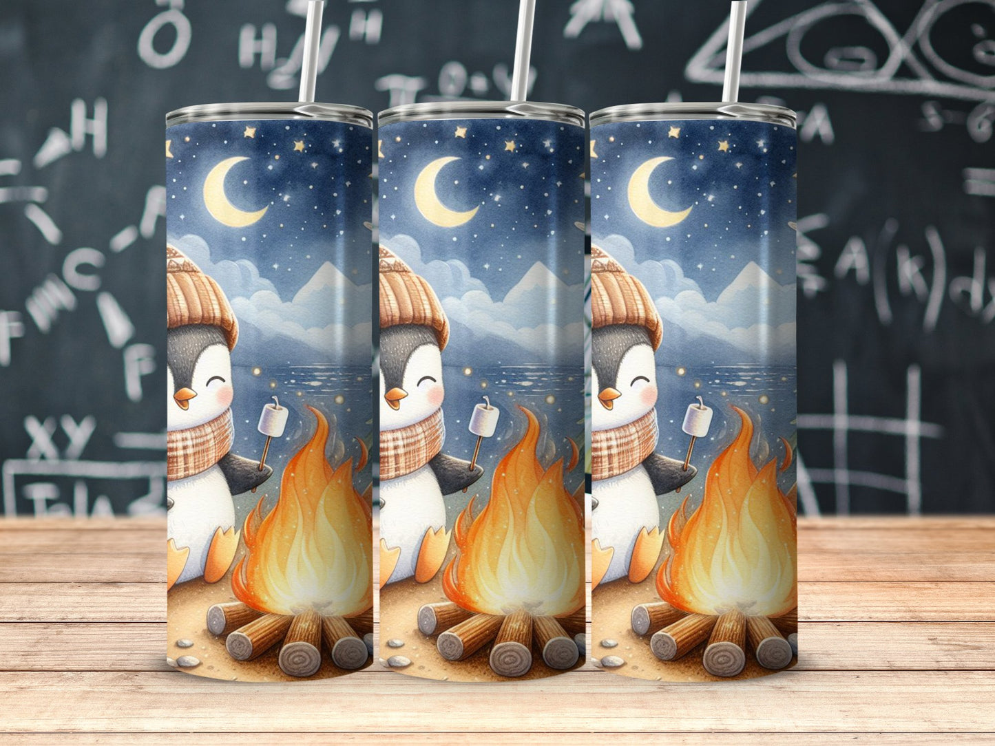 Cute Penguin Campfire Night Scene Tumbler product