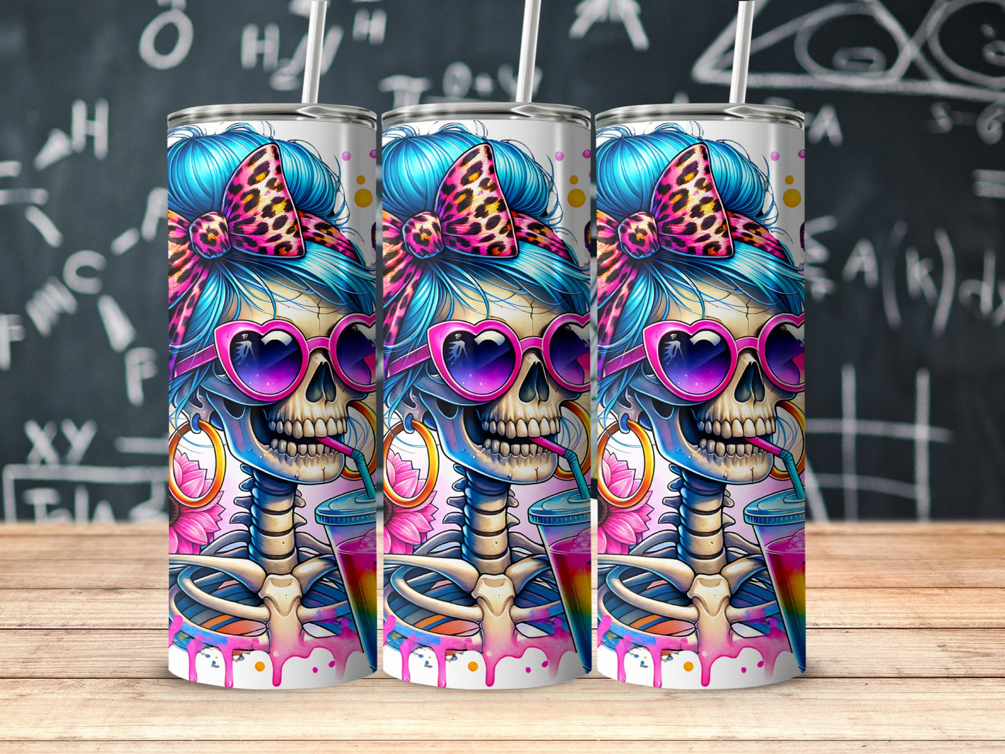 Colorful Retro Skeleton Tumbler with Blue Hair product type