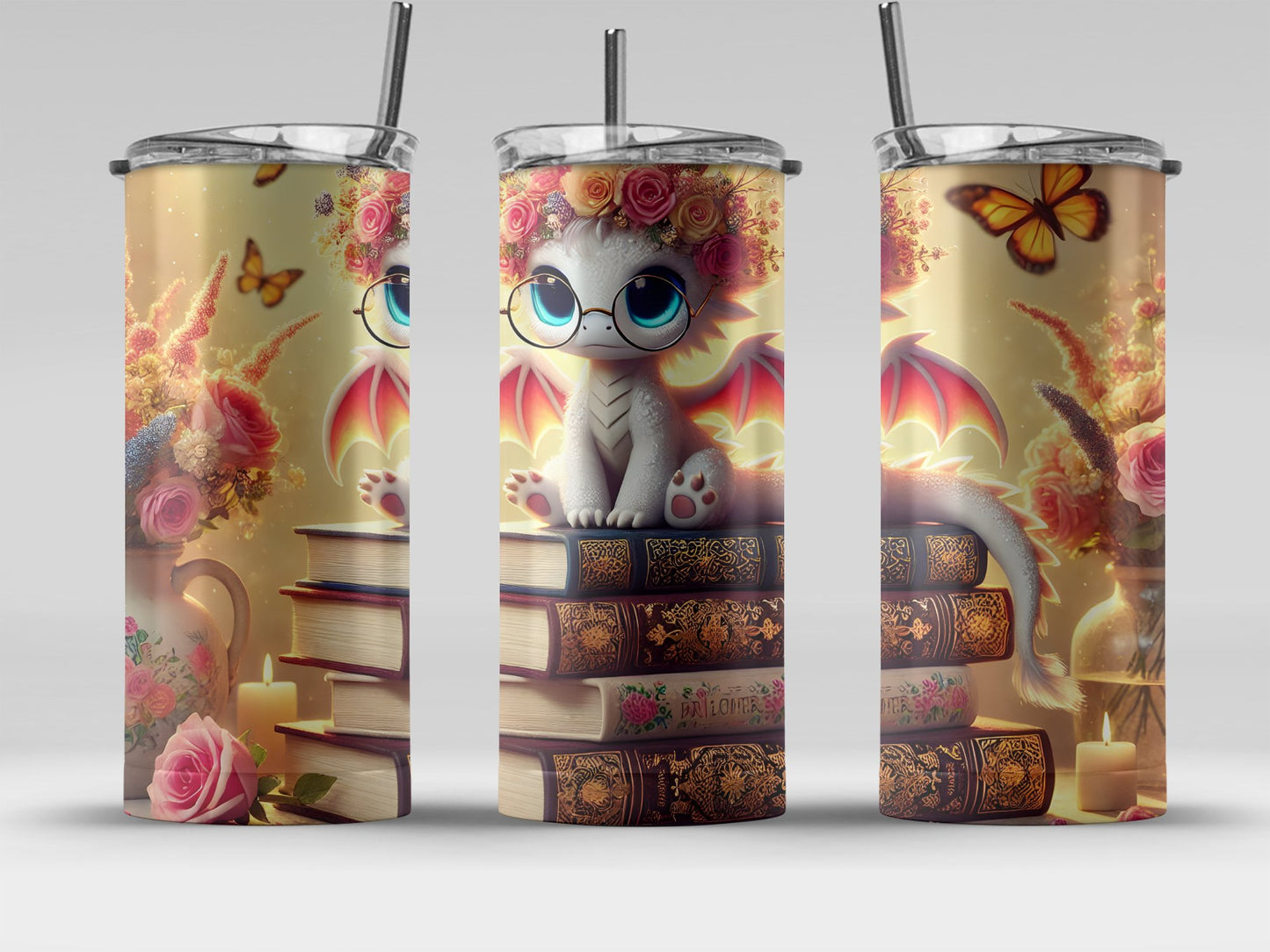 Dragon Reading Books Floral Artistic Tumbler product