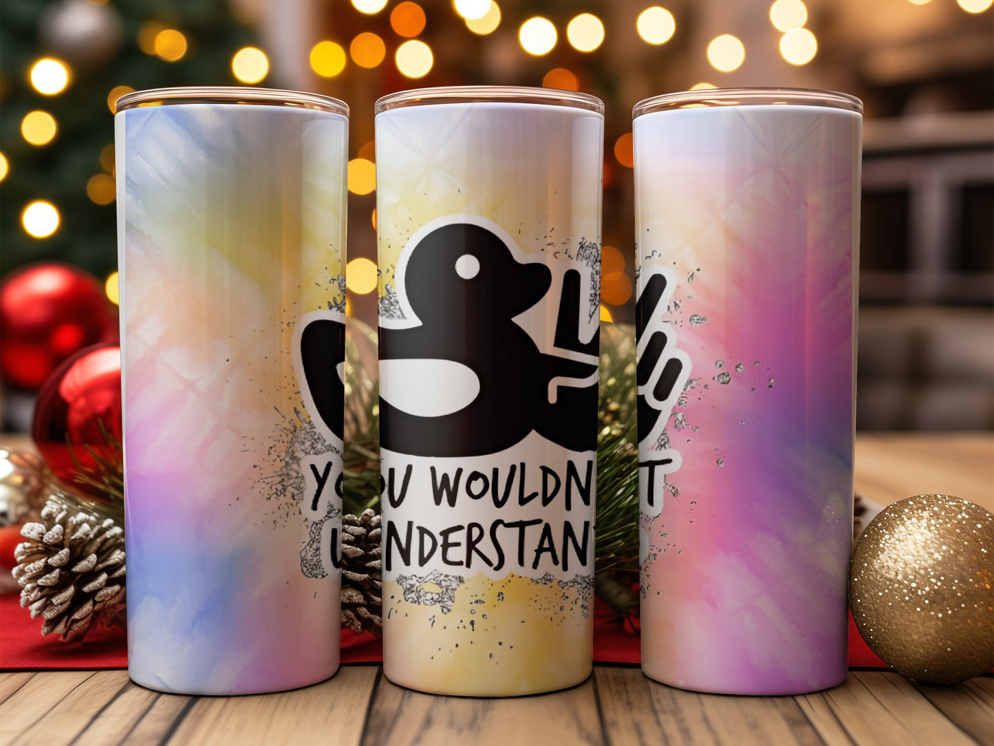Funny duck tumbler gift with colorful gradient background and humorous black duck design