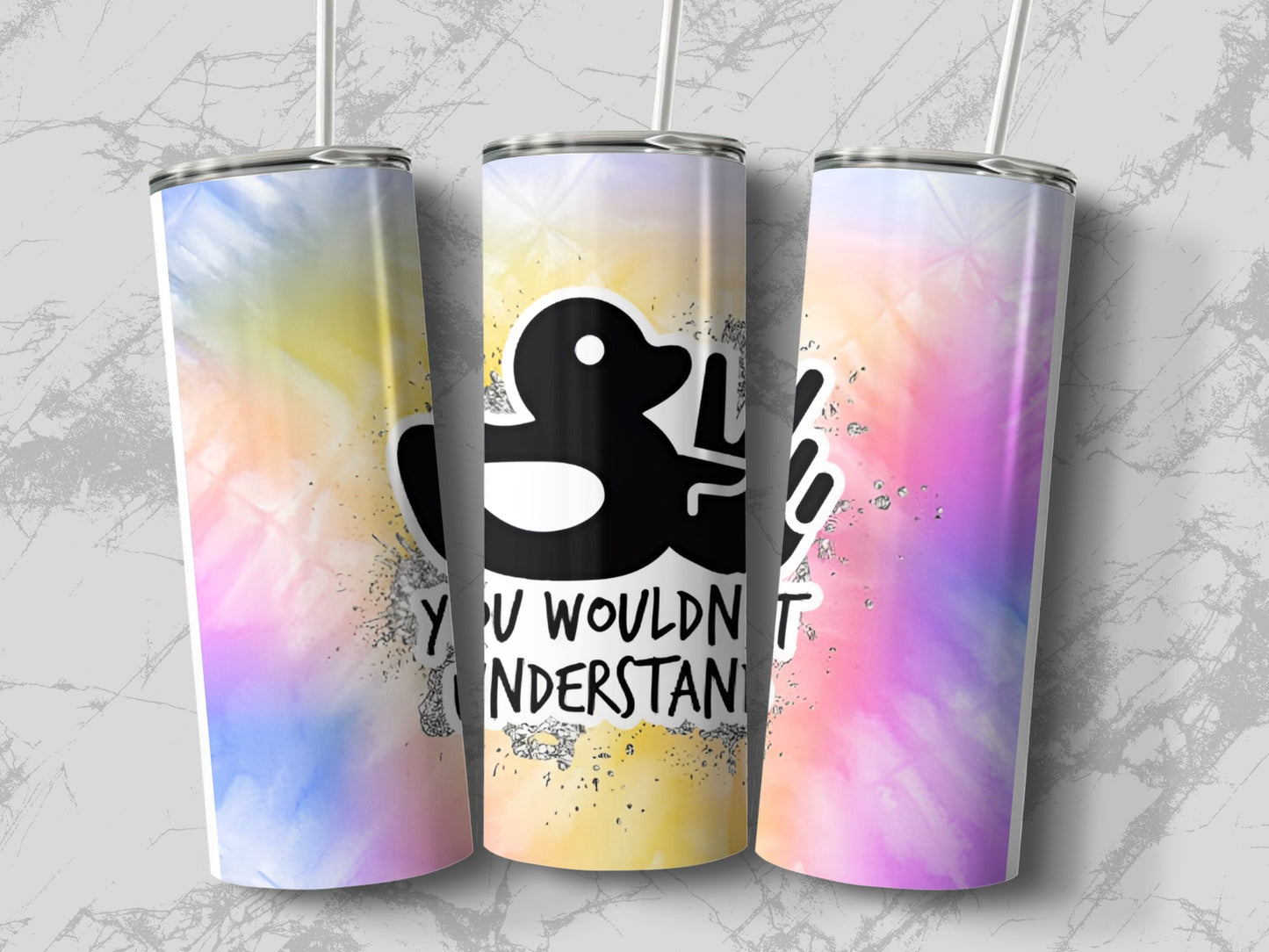 Funny duck tumbler gift with colorful tie-dye background and black duck graphic with text