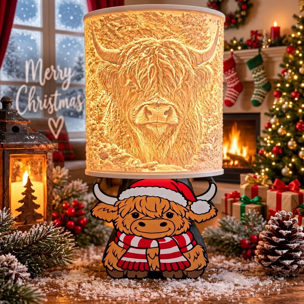 Highland cow Christmas lithophane lamp lit up