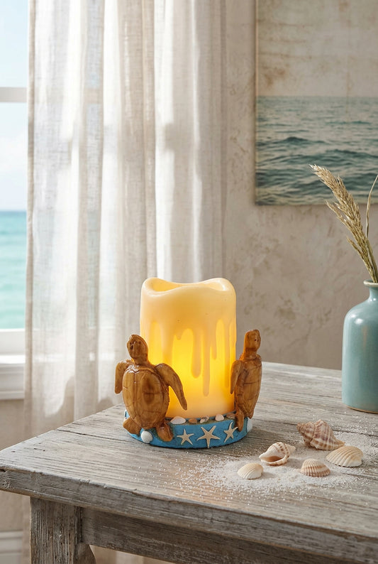 Turtle holder with lit flameless candle