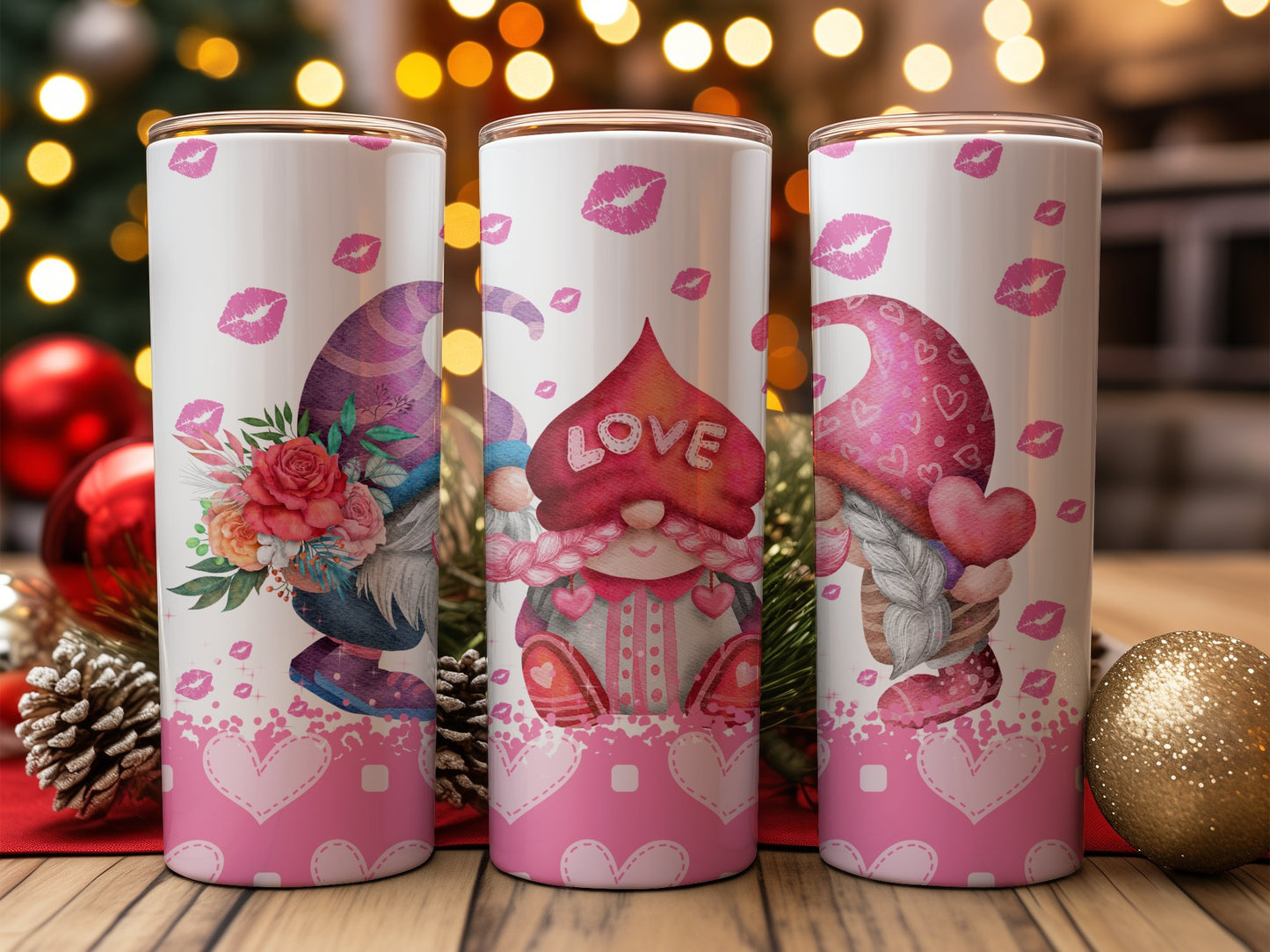Bates Custom Creations Valentine's Day gnome tumbler with cute pink hearts and kiss prints design