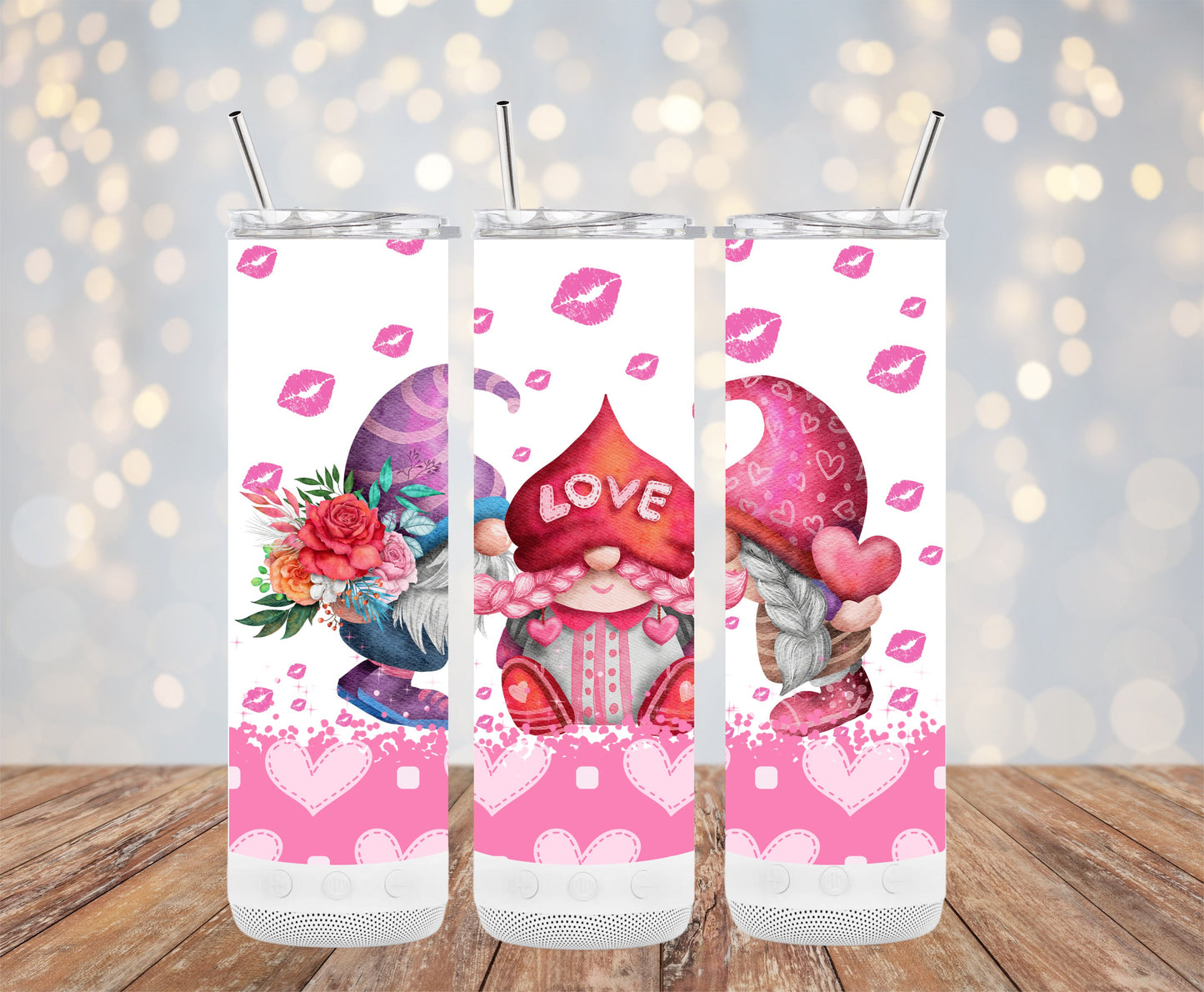 Valentine's Day gnome tumbler with three colorful gnome designs and pink heart and kiss patterns