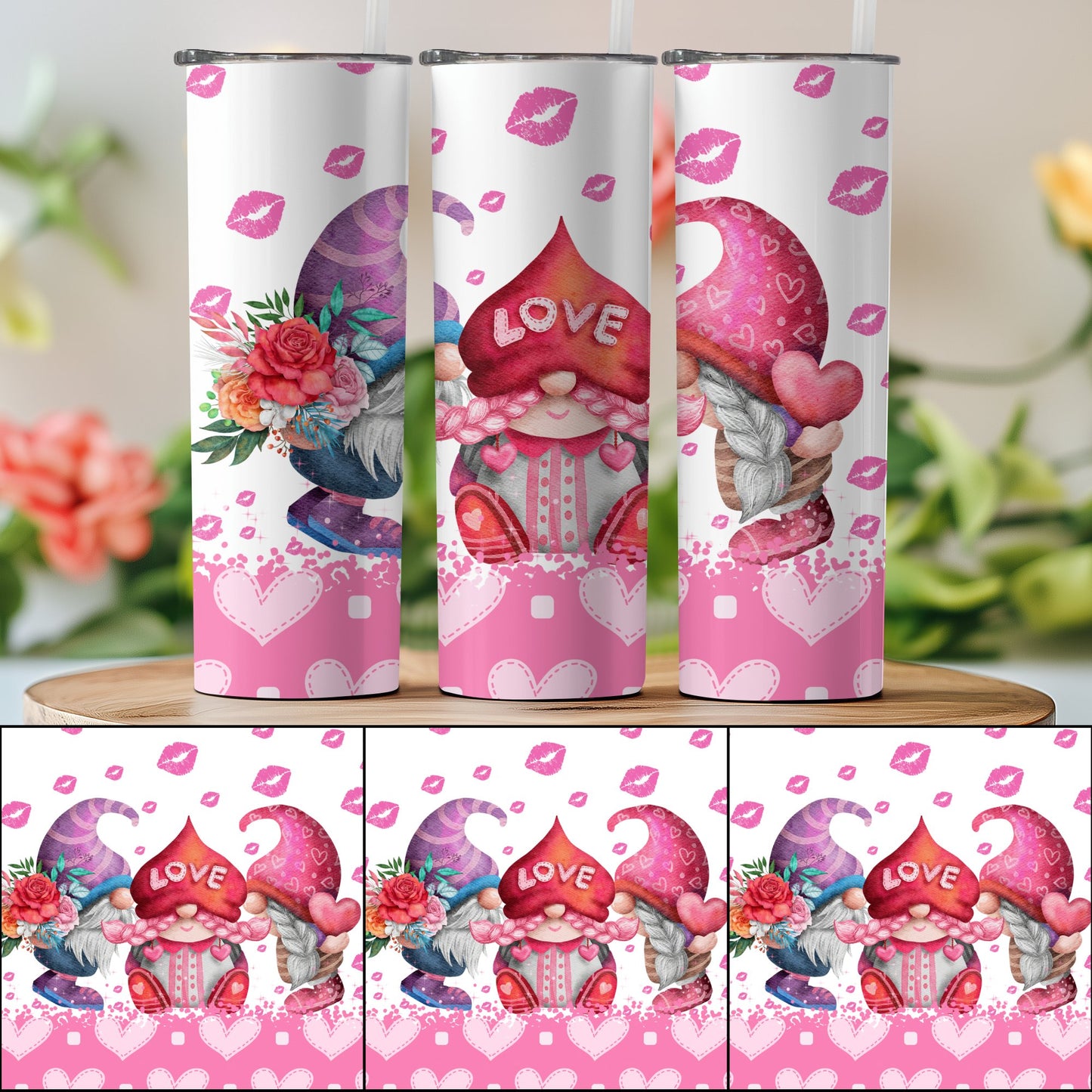 Valentine's Day gnome tumbler set with cute gnomes, hearts, and pink lipstick kiss designs