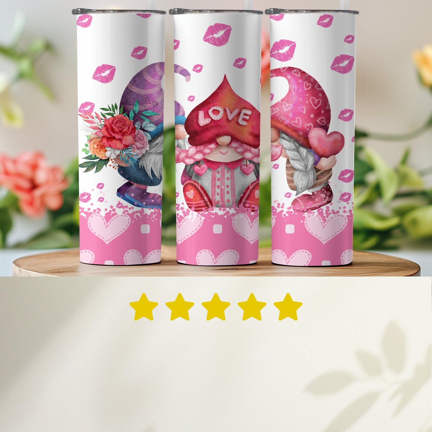 Valentine's Day gnome tumbler set with pink hearts and lips design by Bates Custom Creations