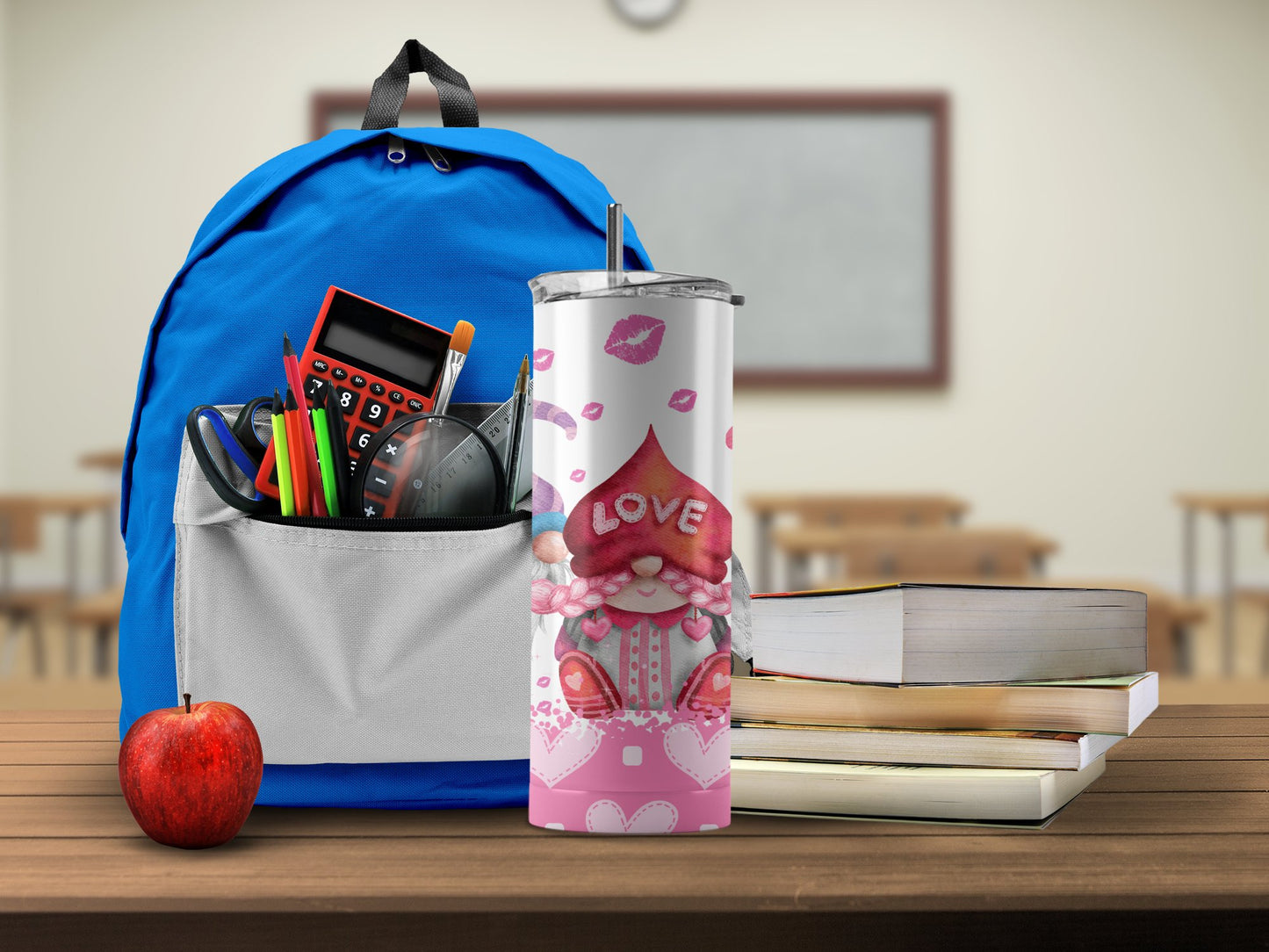 Valentine's Day gnome tumbler by Bates Custom Creations with pink heart and kiss print design