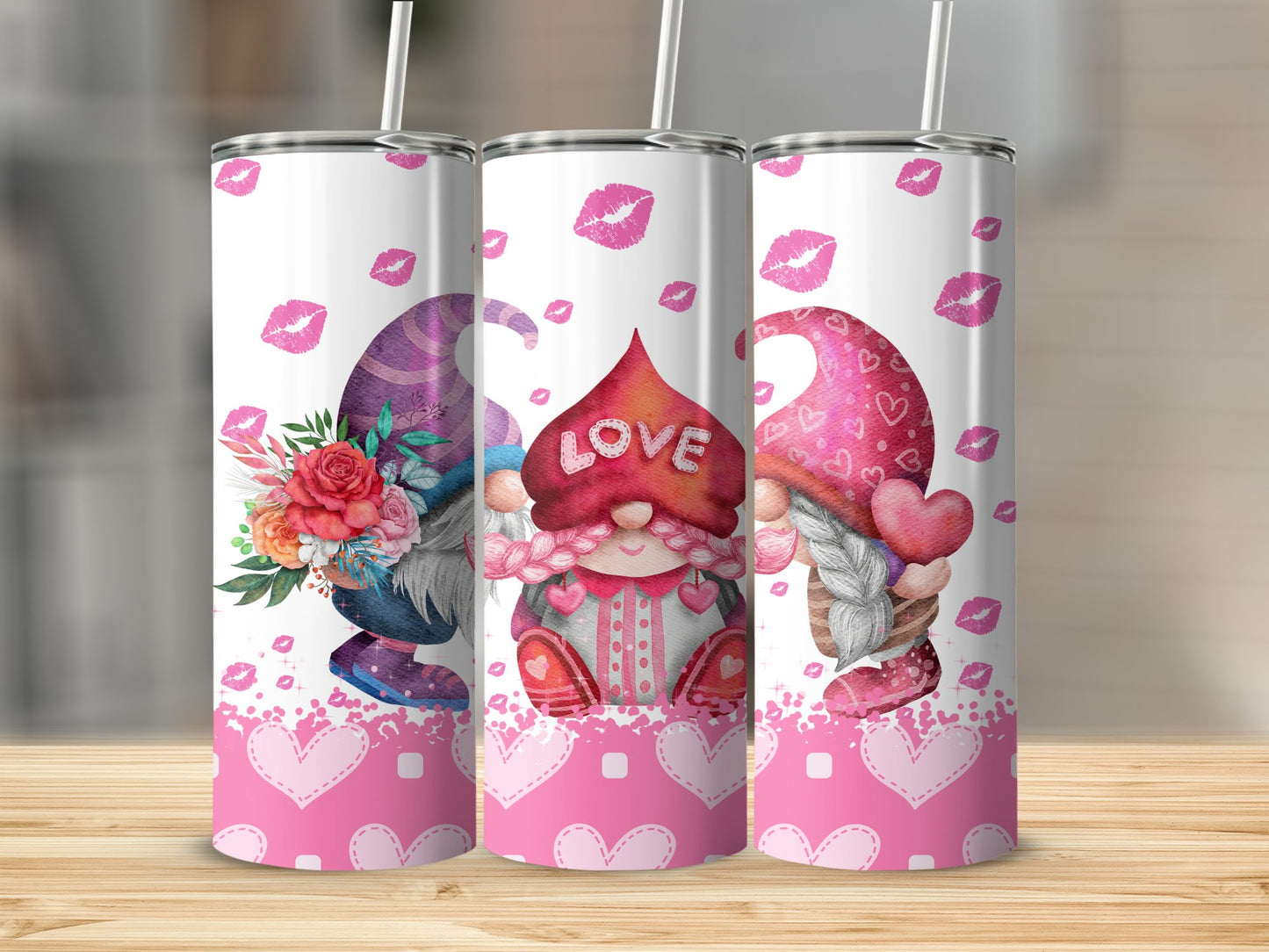 Valentine's Day gnome tumbler with cute gnome designs, hearts, and pink lipstick kiss prints