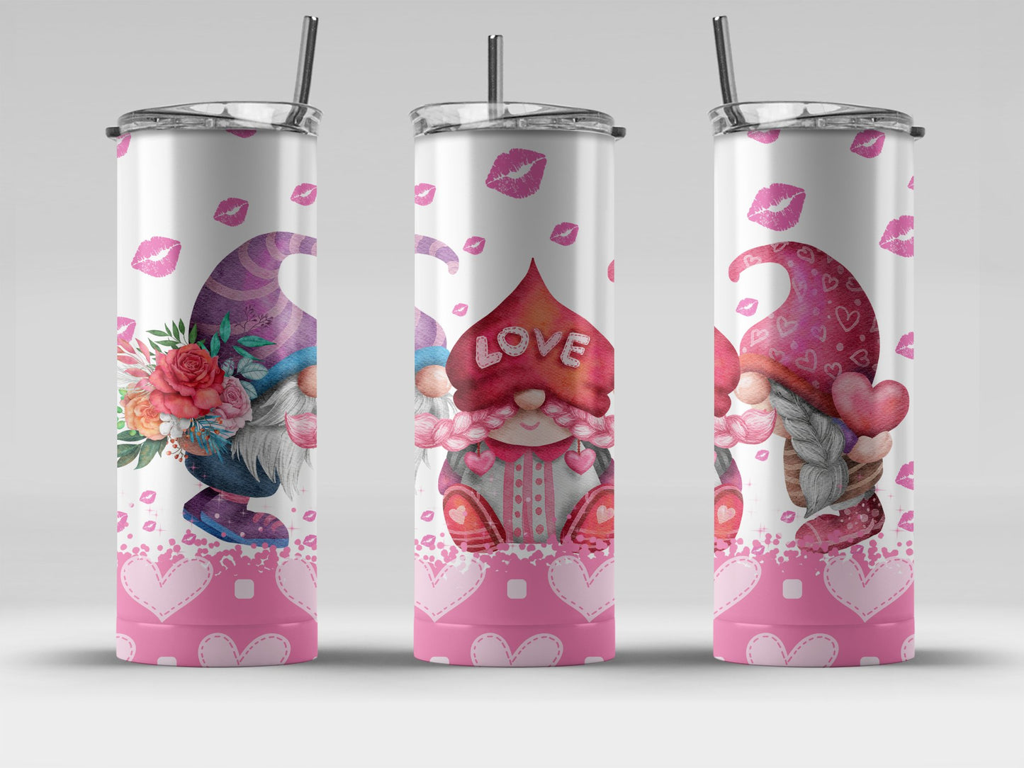 Valentine's Day gnome tumbler with pink and purple gnome designs and heart patterns