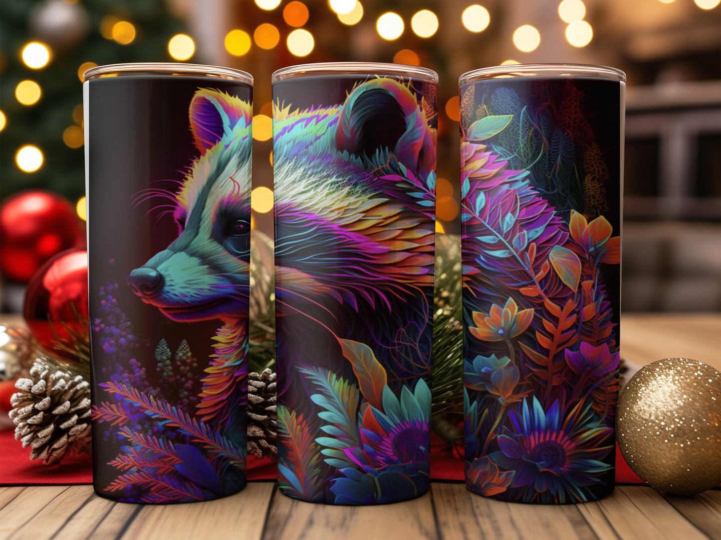 Bates Custom Creations vibrant racoon print tumbler set with colorful detailed foliage design