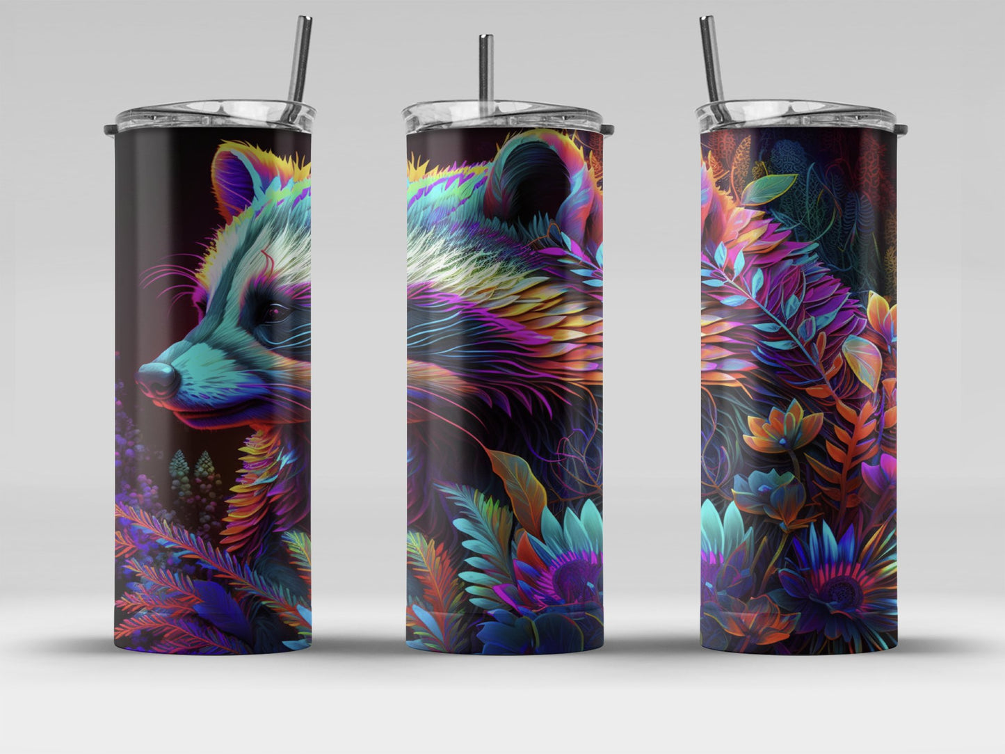 Bates Custom Creations vibrant racoon print tumbler with colorful neon foliage design and metal straw