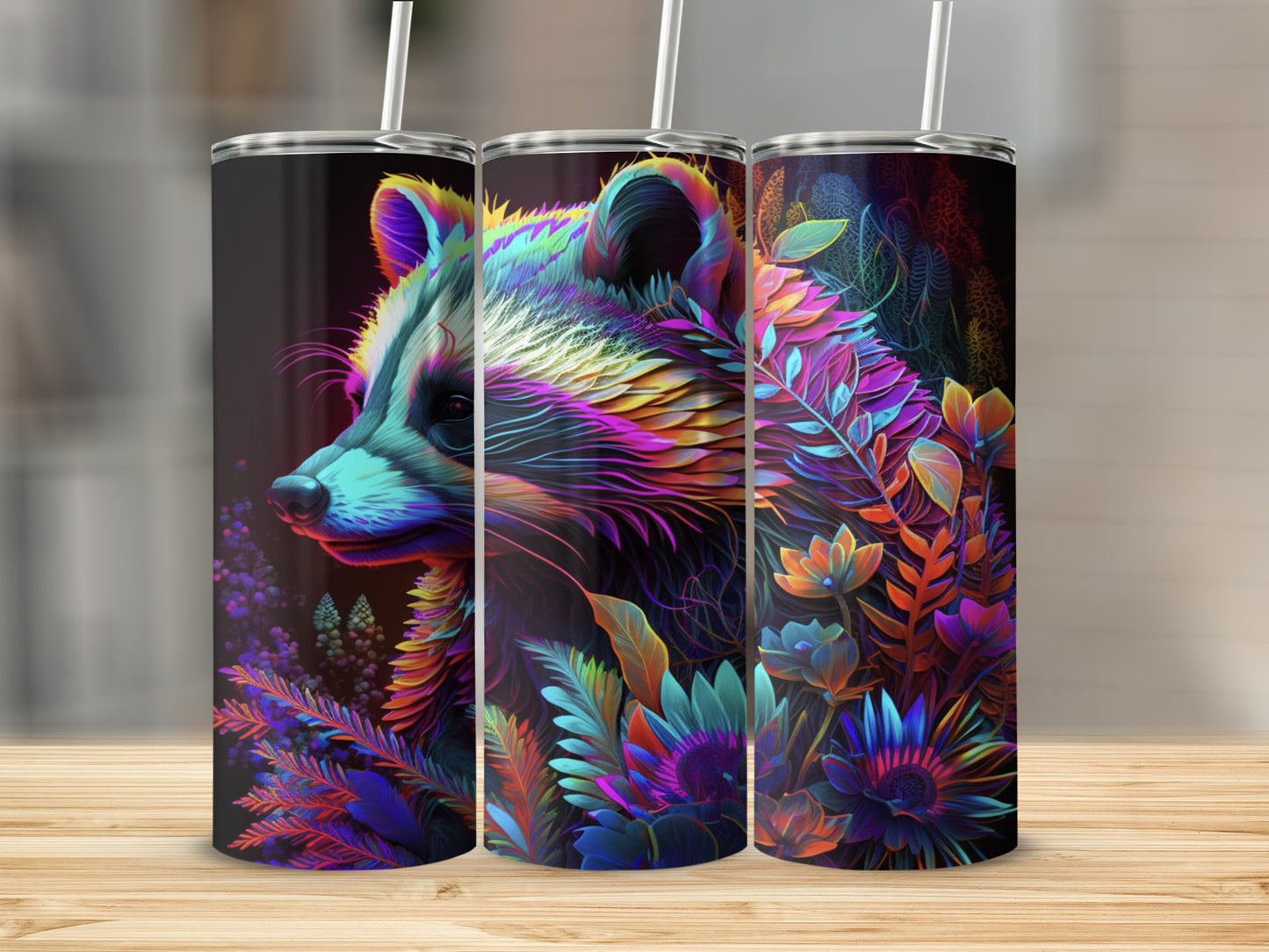 Bates Custom Creations vibrant racoon print tumbler with colorful forest and floral design