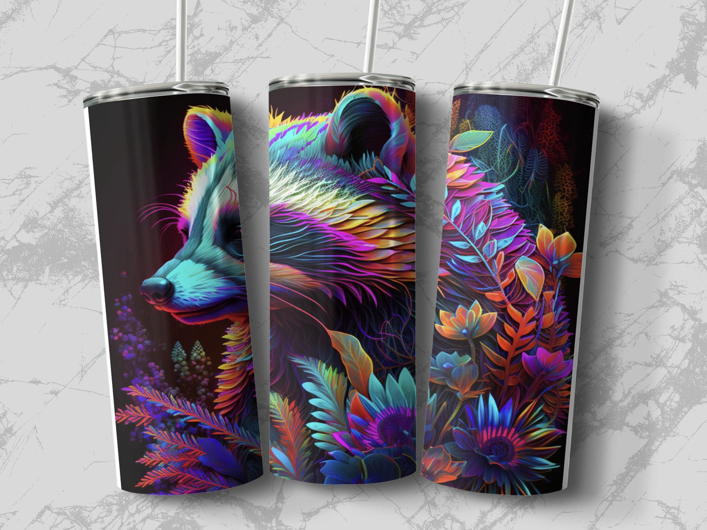 Vibrant racoon print tumbler by Bates Custom Creations featuring colorful neon wildlife art with detailed foliage