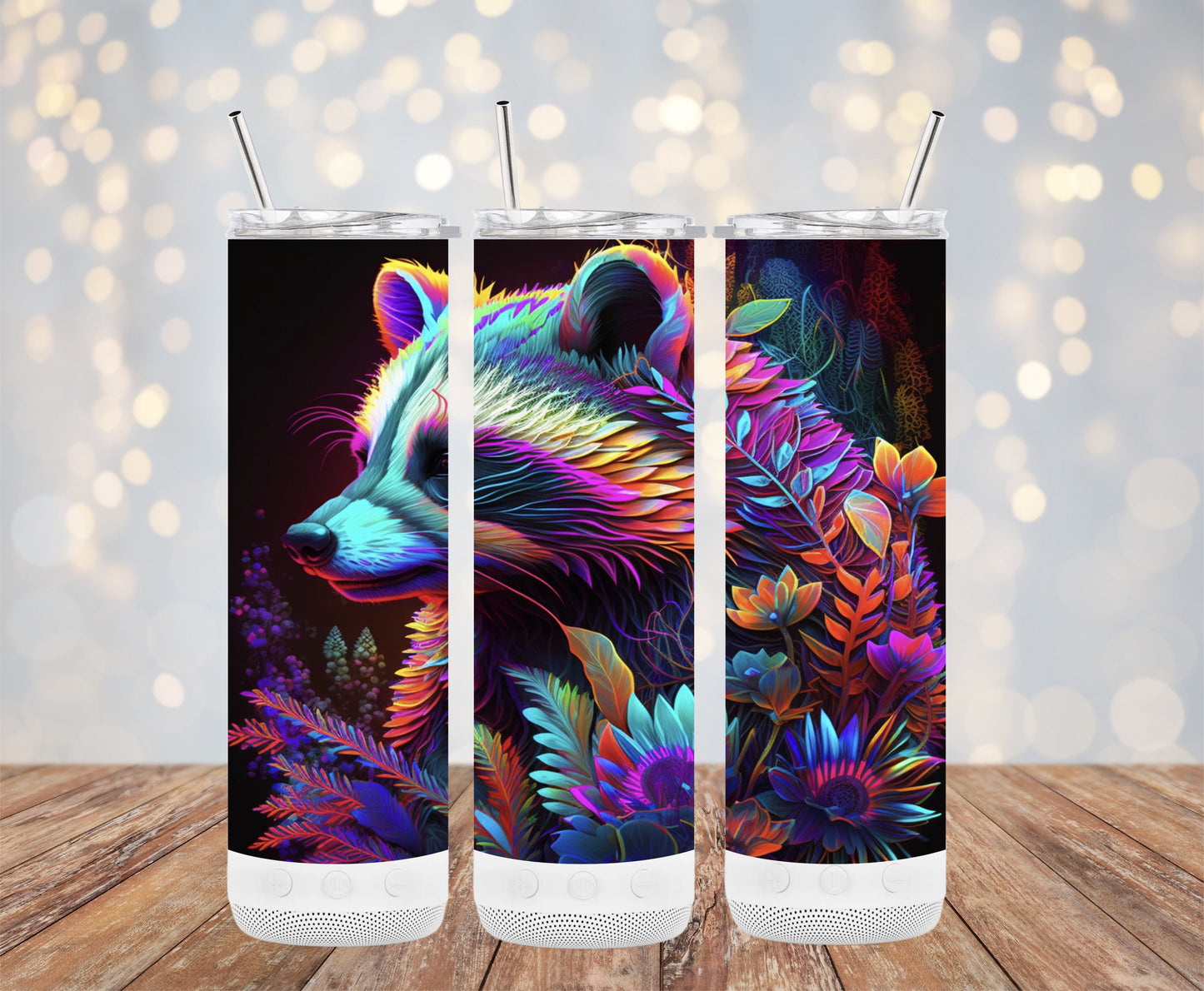 Bates Custom Creations vibrant racoon print tumbler with colorful neon design and floral accents