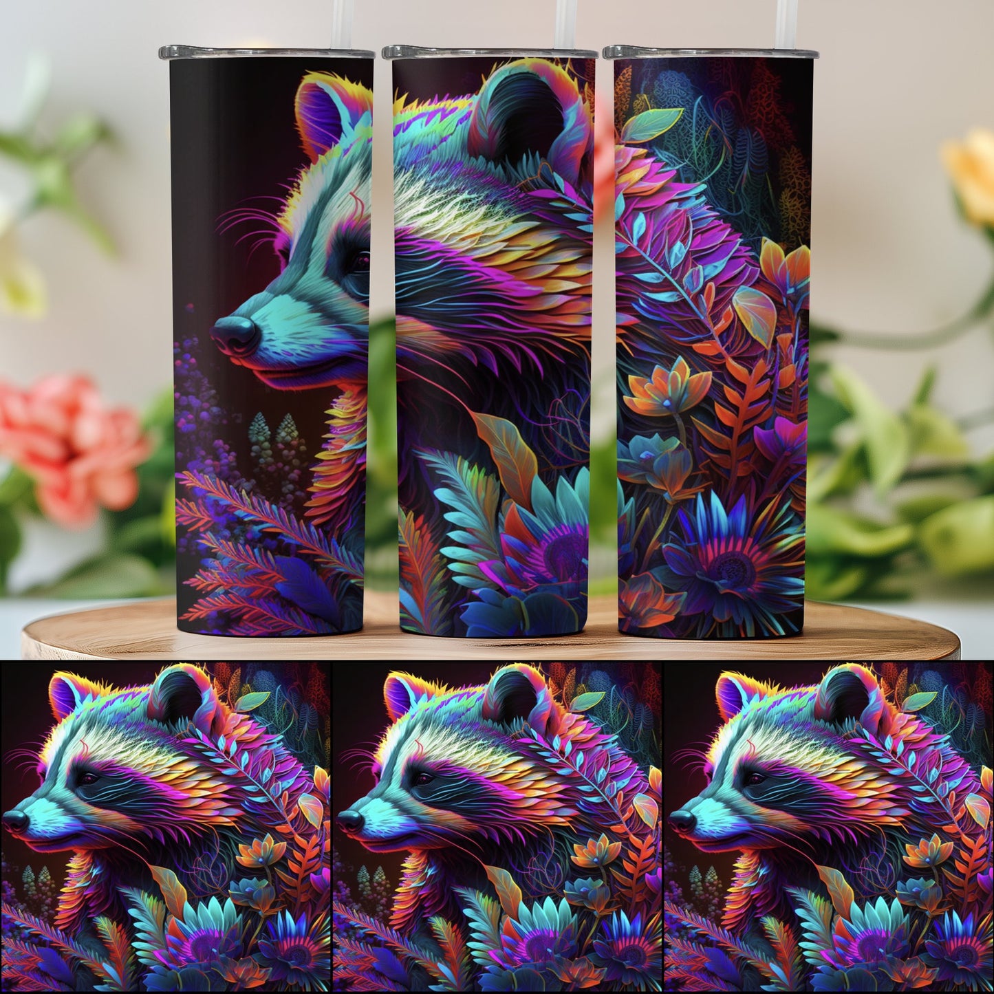 Bates Custom Creations vibrant racoon print tumbler with colorful detailed foliage design