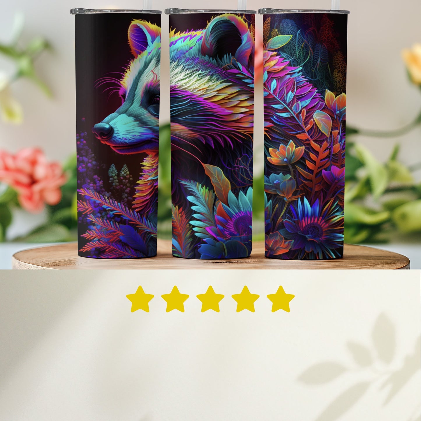 Bates Custom Creations vibrant racoon print tumbler showcasing colorful raccoon and floral design on stainless steel
