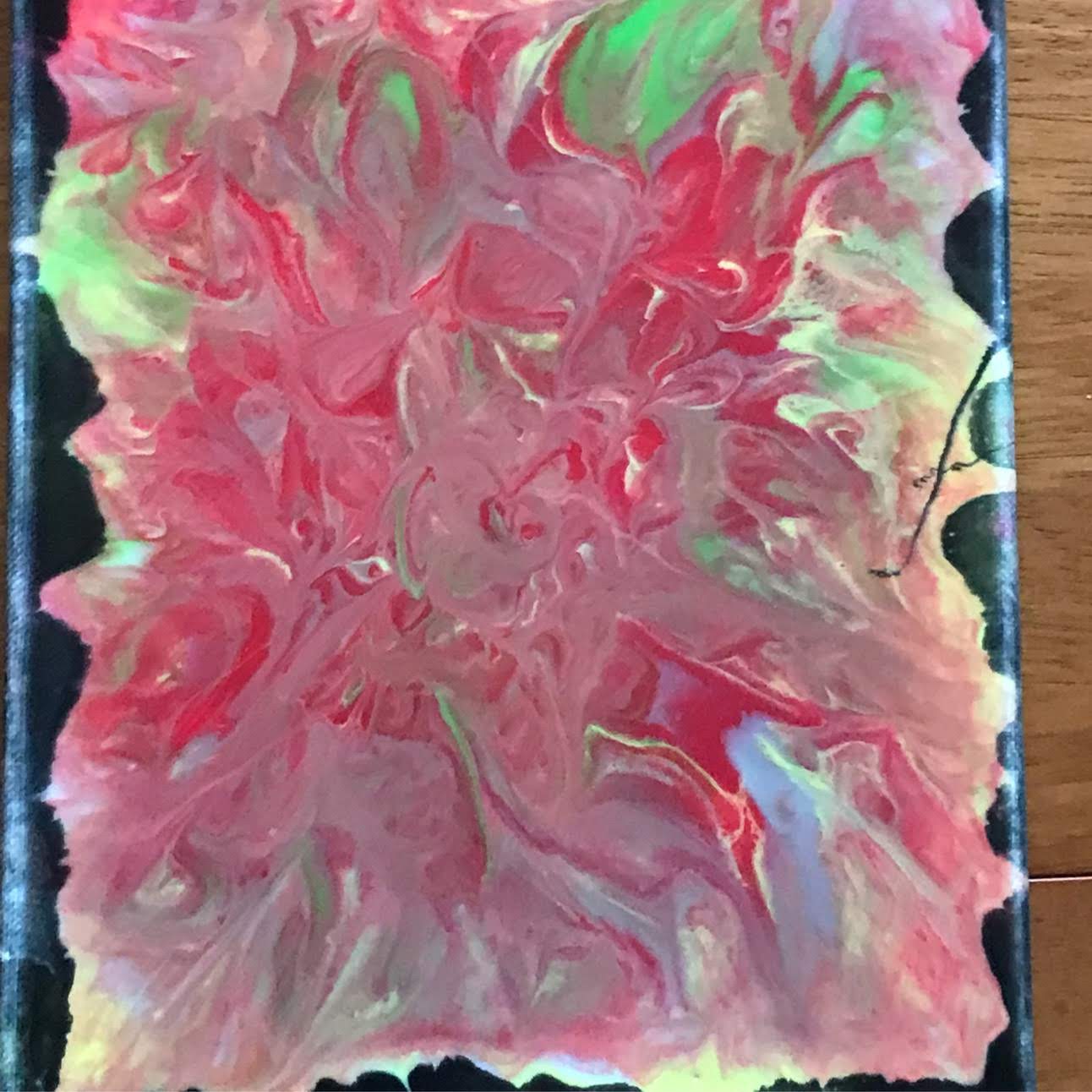 Abstract colorful painting with red, green, and pink swirls perfect as a custom art gift