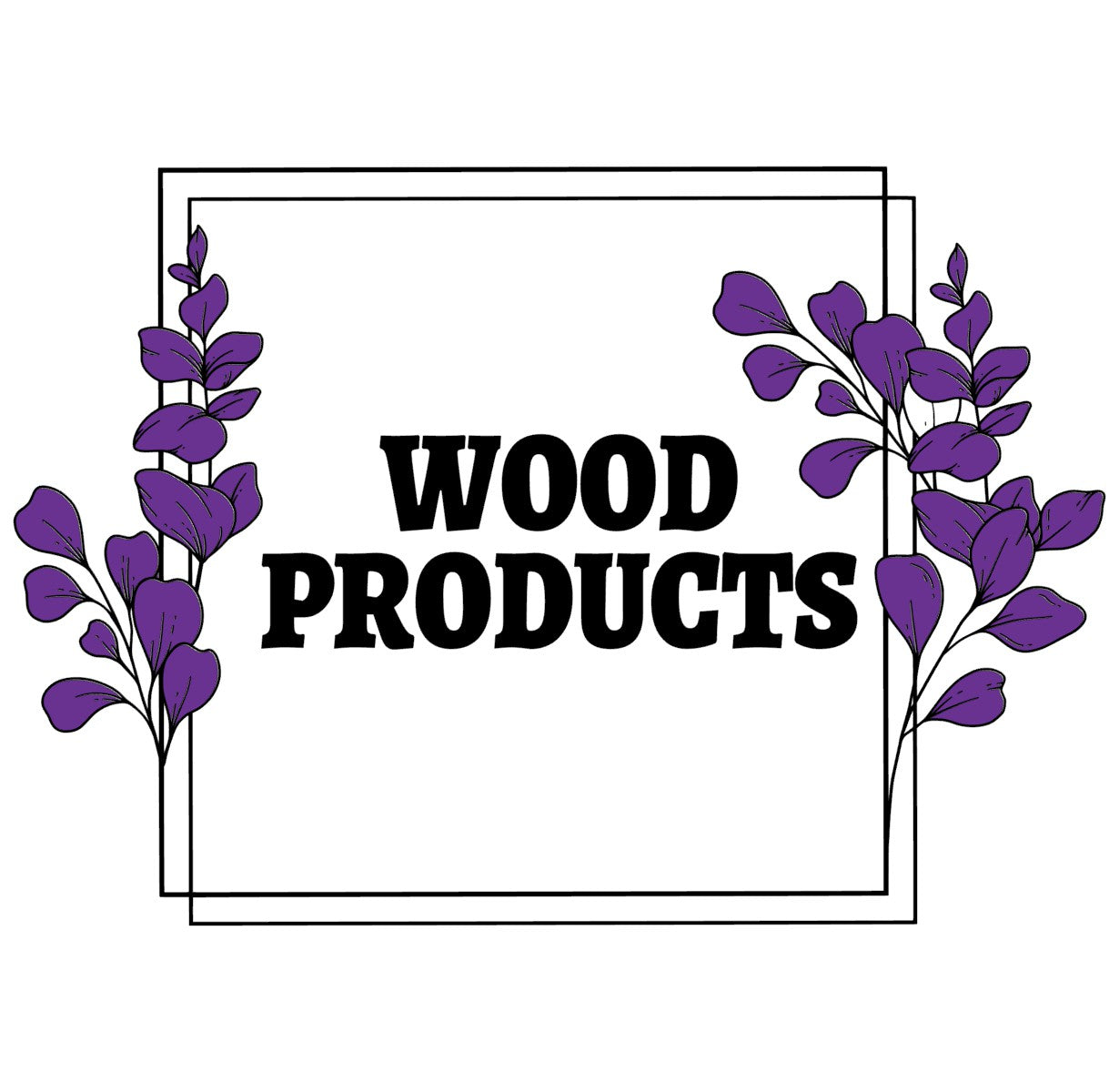 Wood products collection banner with purple floral accents featuring handcrafted wood gifts