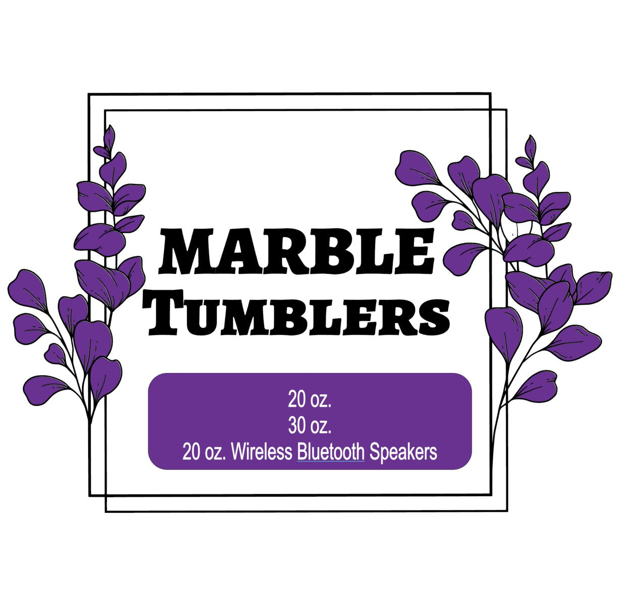 Marble sublimation tumblers collection banner with purple floral design and size options