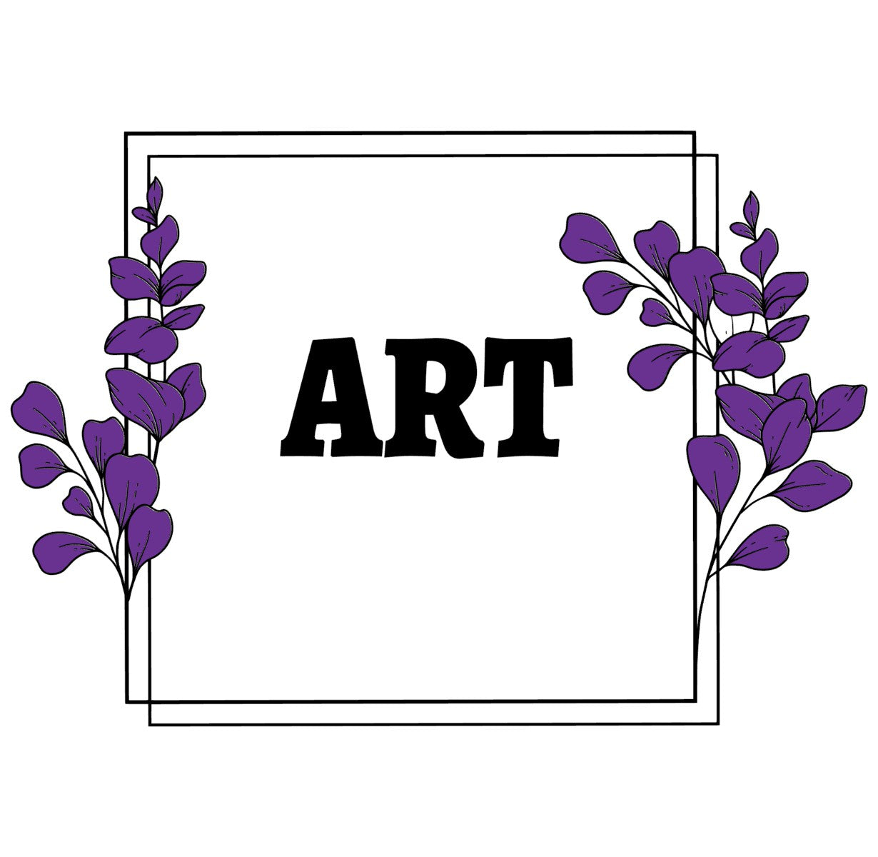 Decorative frame with purple leaves surrounding the word art highlighting unique art creations