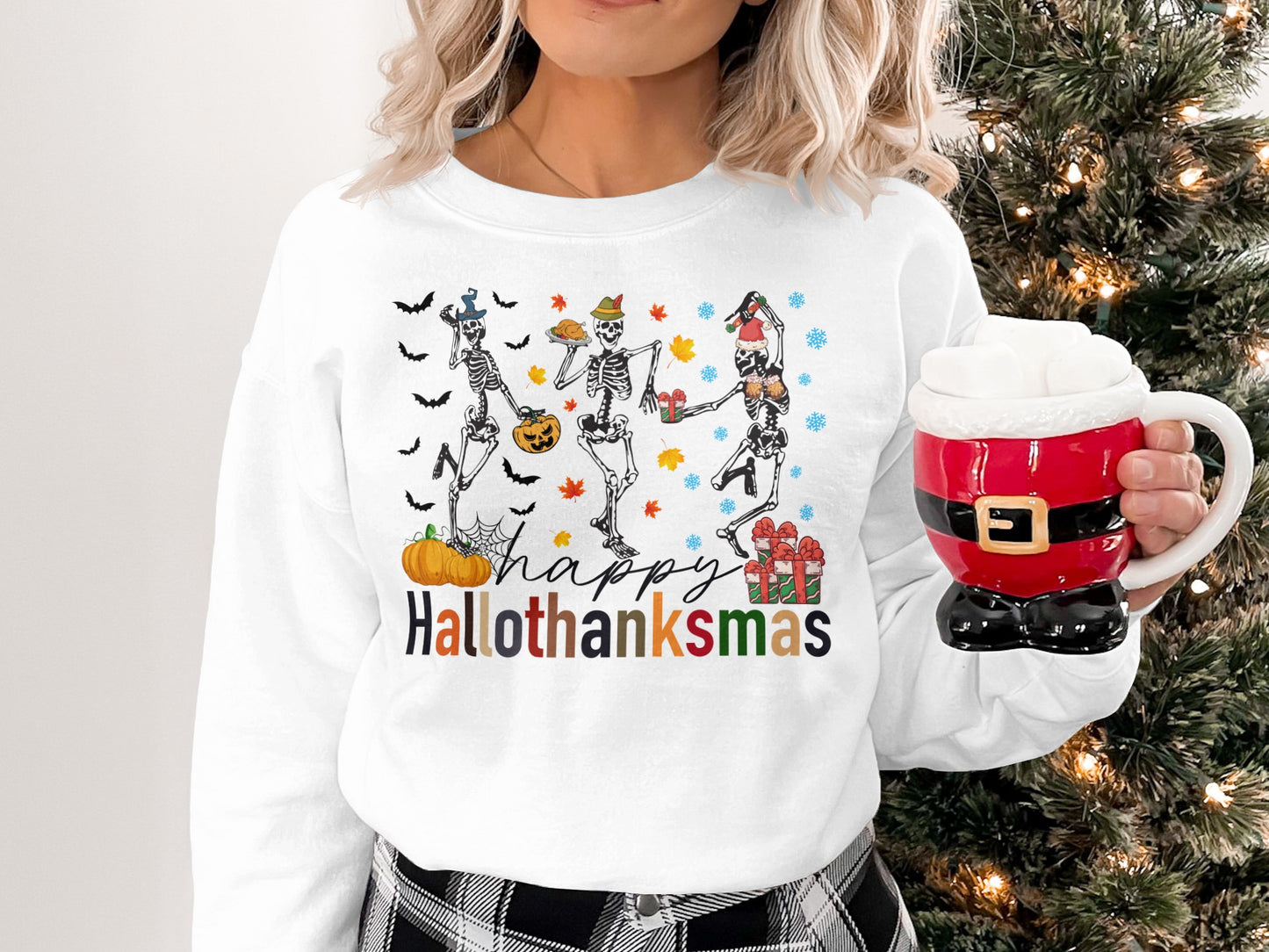 Festive Happy Hallothanksmas Skeleton Dance Sweatshirt
