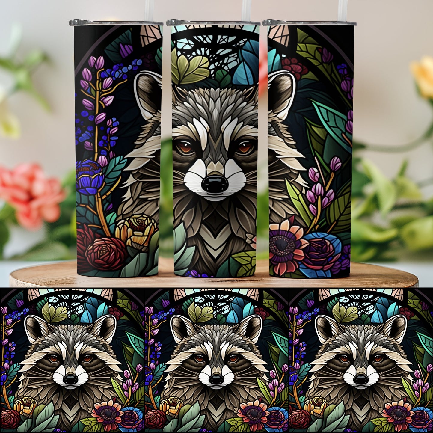 Floral Raccoon Tumbler Vibrant Stained Glass Art product