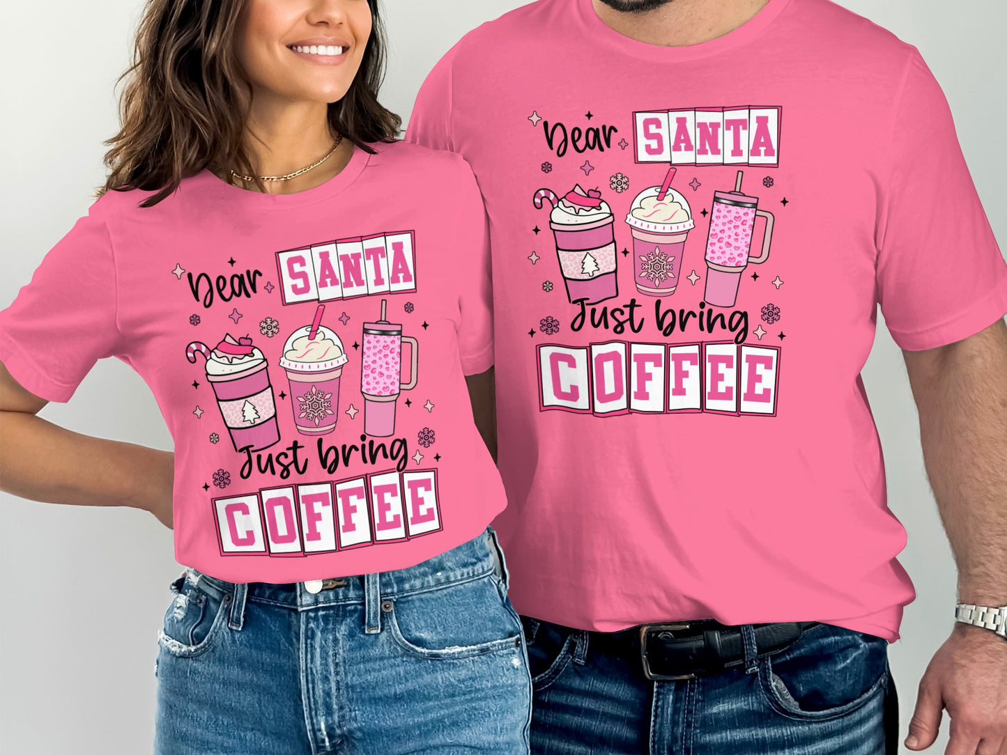 Dear Santa Just Bring Coffee Pink Graphic T-Shirt