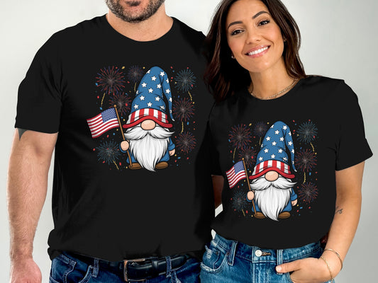 Two people wearing black t-shirts with patriotic gnome designs and American flags.