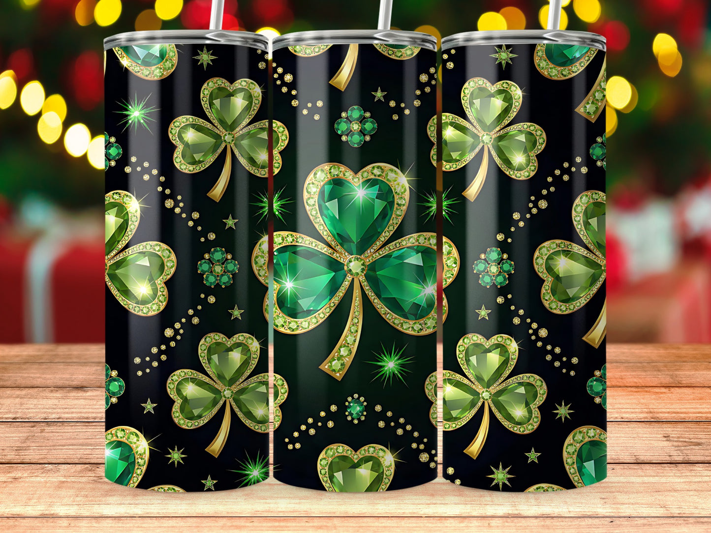 Sparkling Green Clover and Star Pattern Tumbler