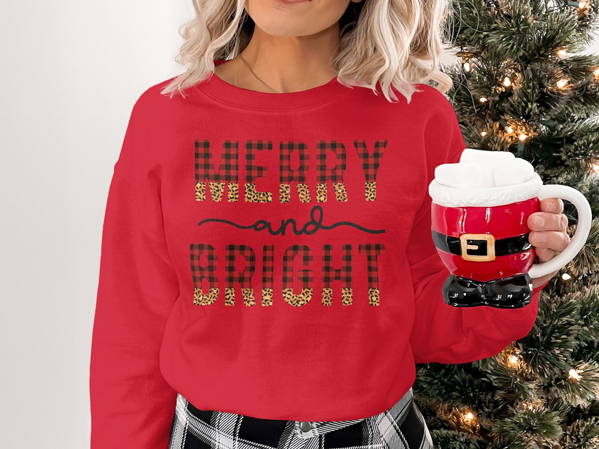 Merry and Bright Red Plaid Holiday Sweatshirt