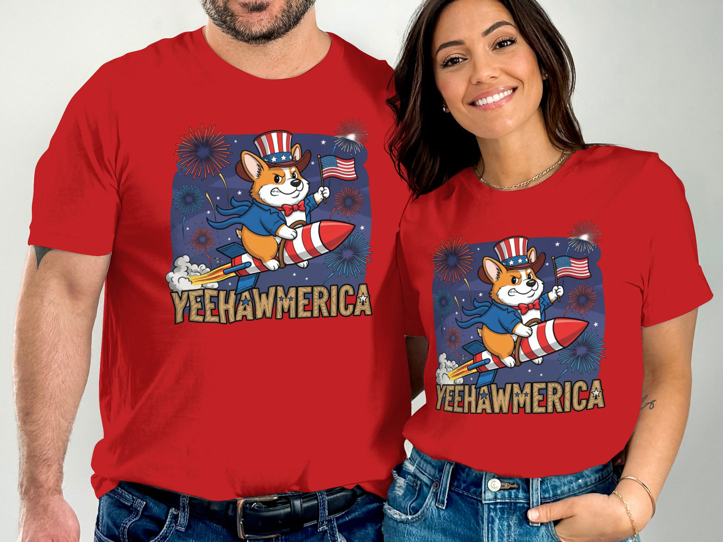 Couple wearing matching red t-shirts with a patriotic corgi on a rocket graphic.