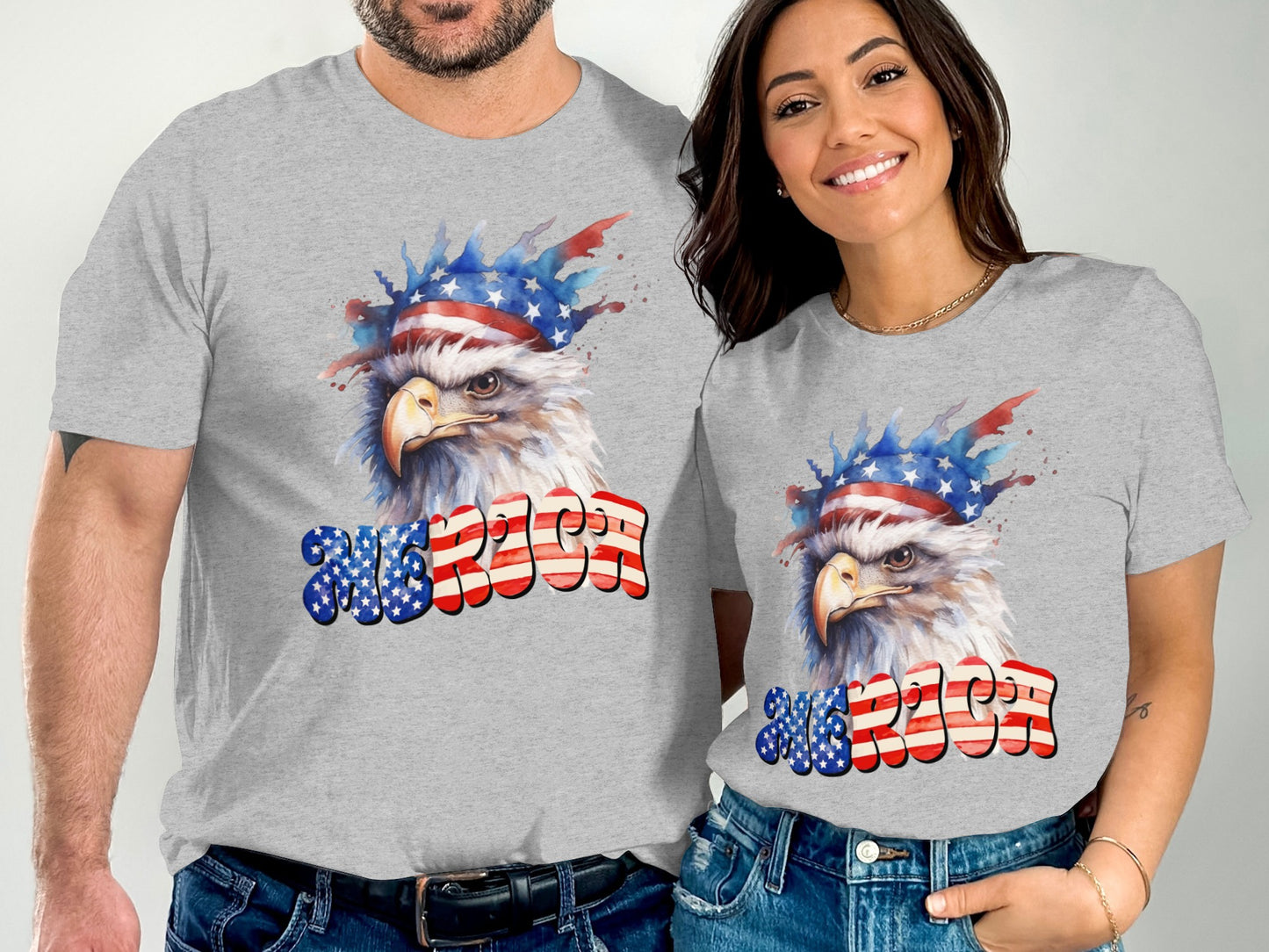 Two people wearing t-shirts with eagle graphic and "MERC" text.