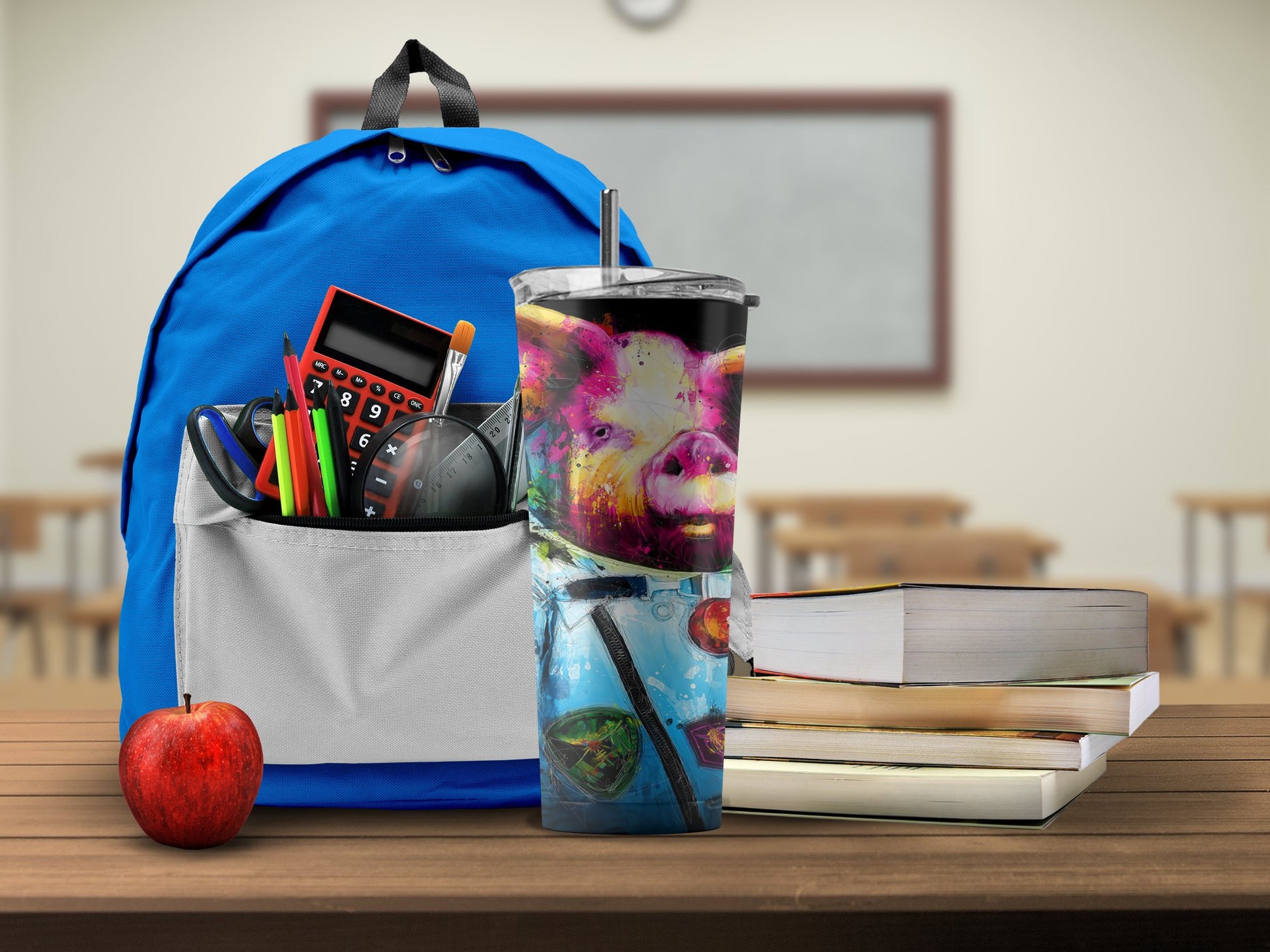 Backpack with School Supplies and Pig Design Product