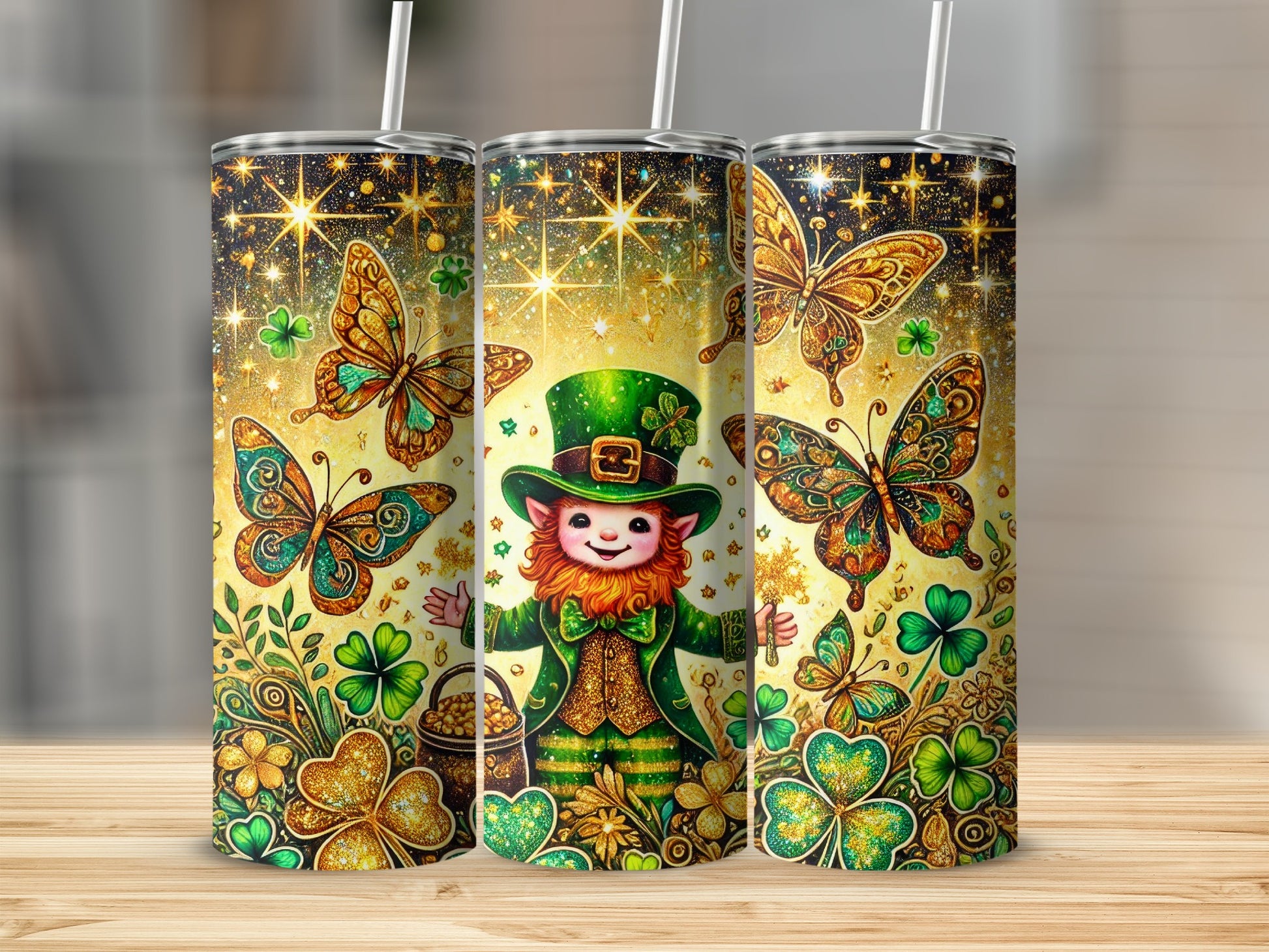 Leprechaun Butterflies Four Leaf Clovers Themed Tumbler Cup