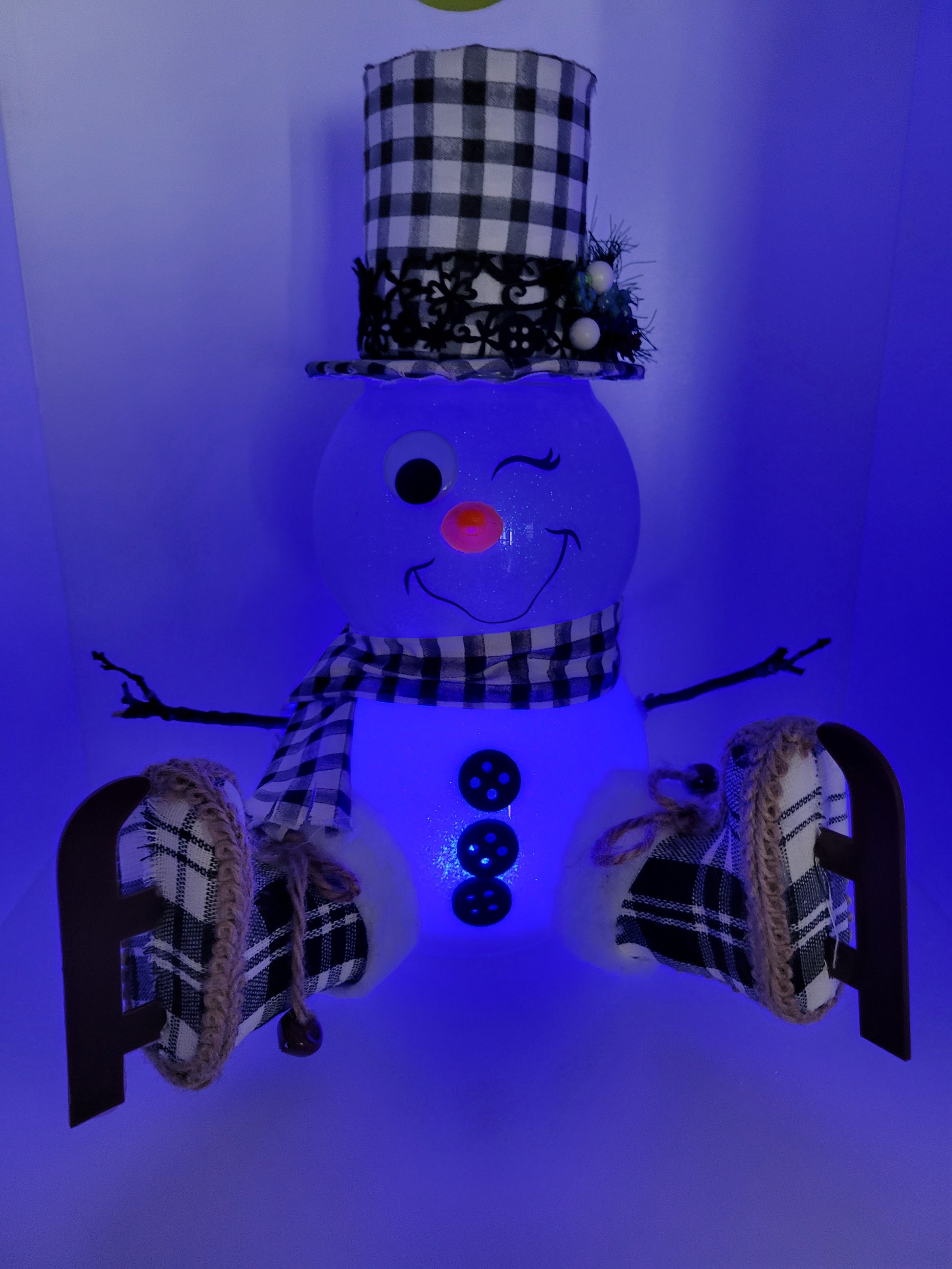 Winking Snowman with Plaid Hat and Scarf Decoration