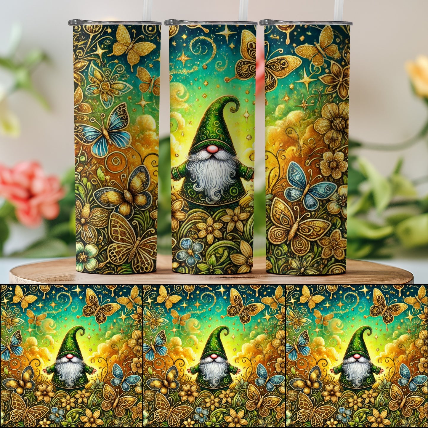 Whimsical Gnome and Butterflies Tumbler Inspirational Design