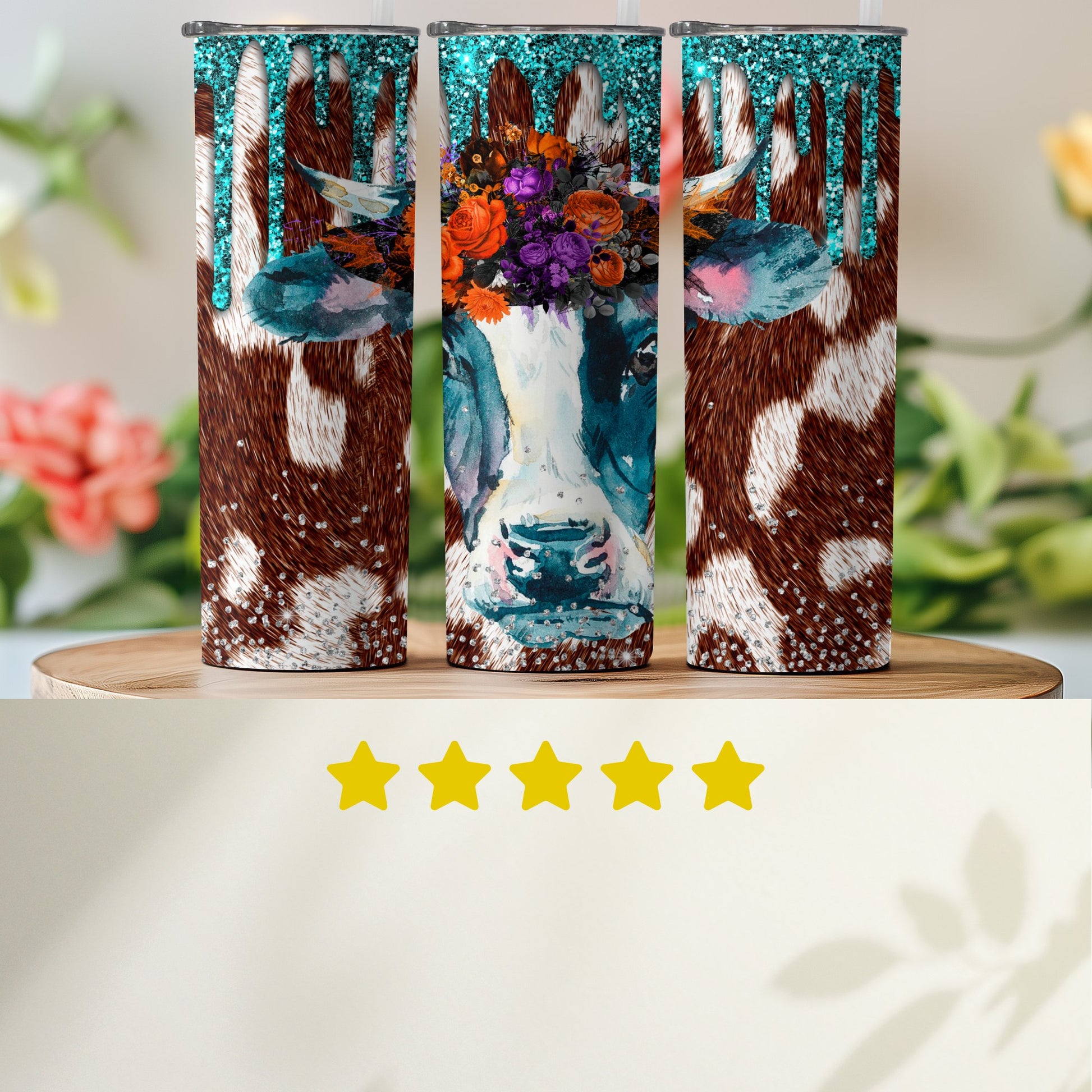 Boho Floral Cow Design Glitter Tumbler Unique Drinkware Product
