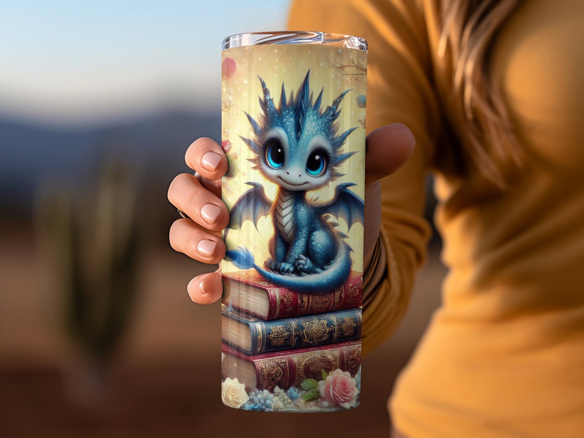 Adorable Blue Baby Dragon on Books Tumbler product