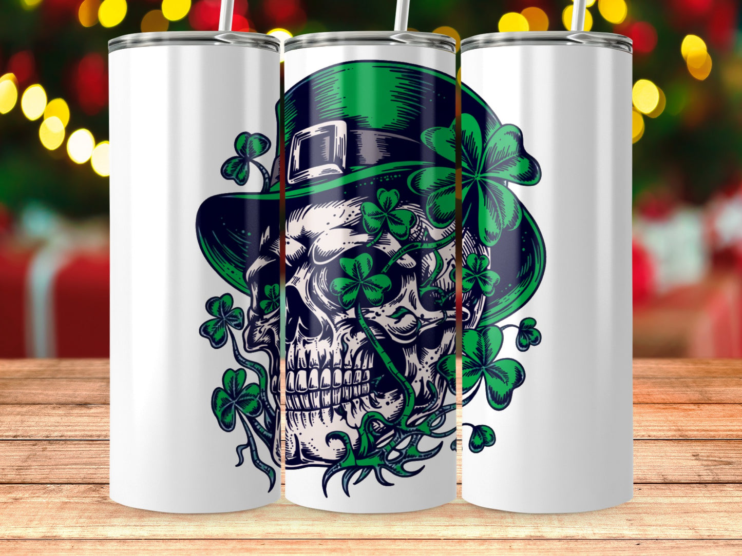 Skull and Shamrock Design on Metal Tumblers