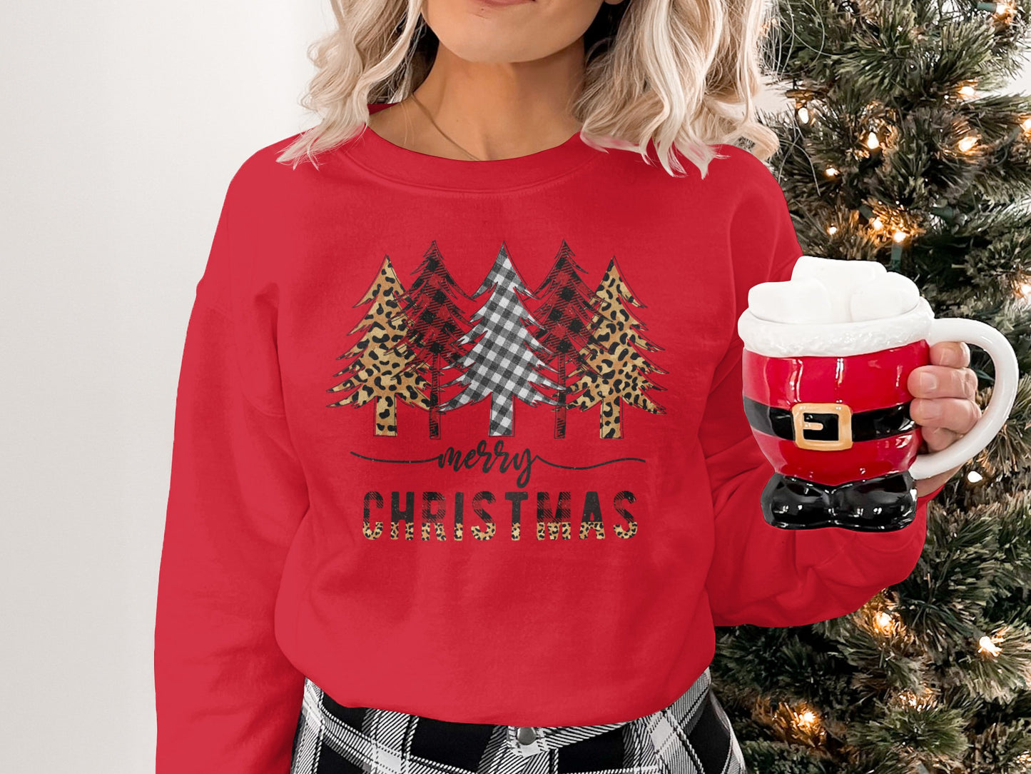 Merry Christmas Leopard Plaid Trees Sweatshirt product