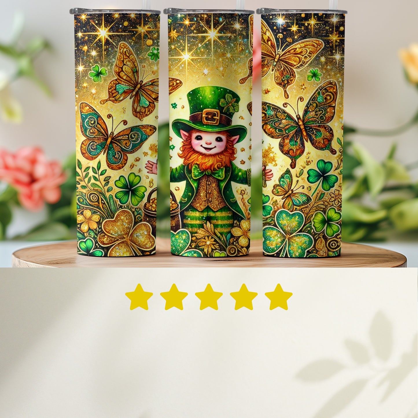 Festive Leprechaun and Butterflies Tumbler for St. Patrick's Day