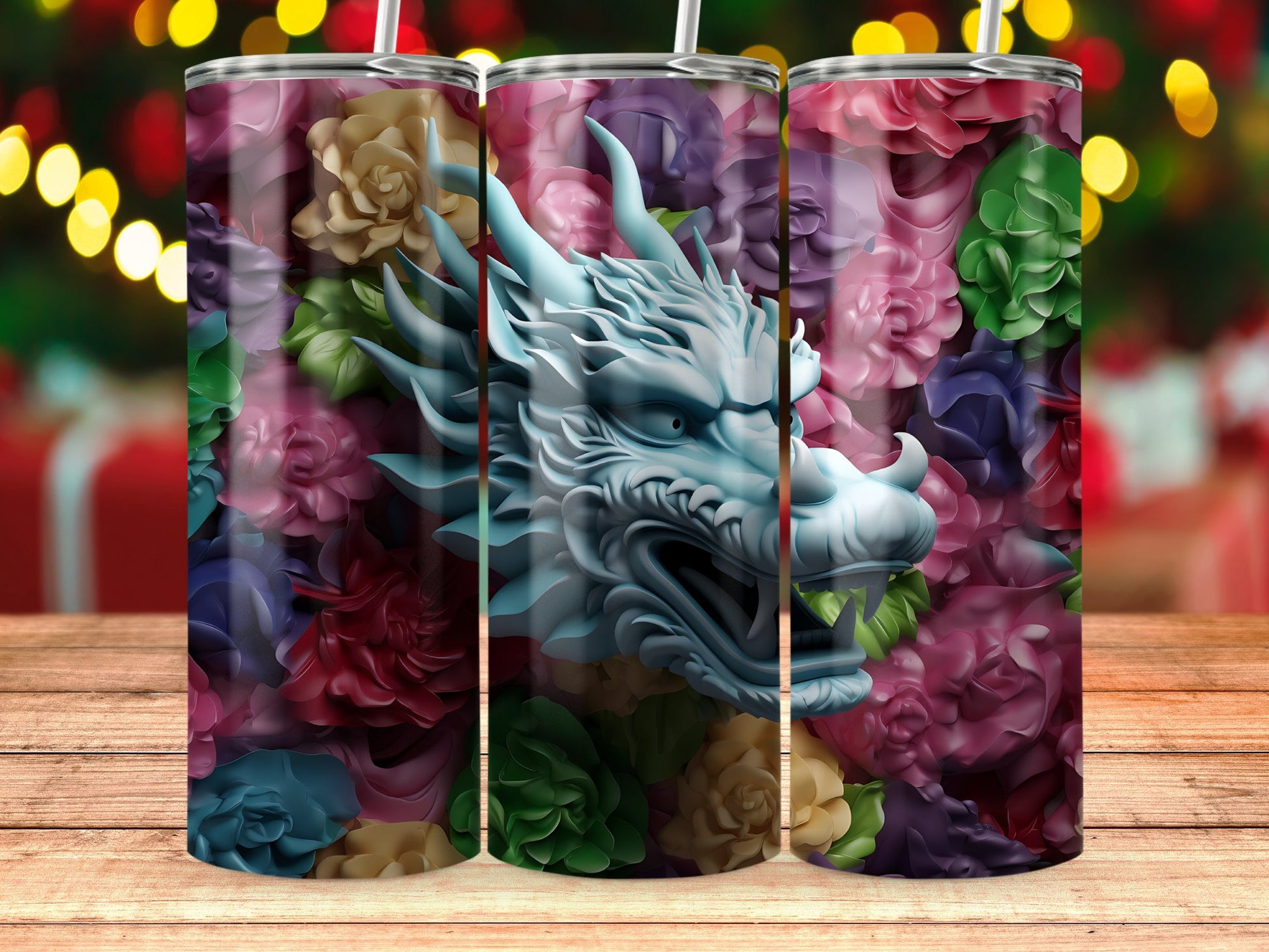 Dragon with Vibrant Floral Design Tumbler product