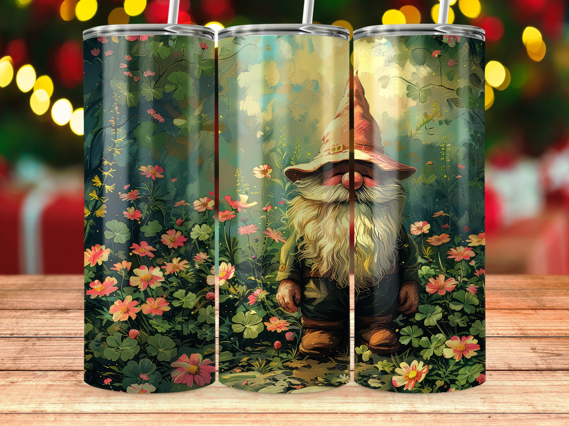 Garden Gnome and Floral Scene Insulated Tumbler