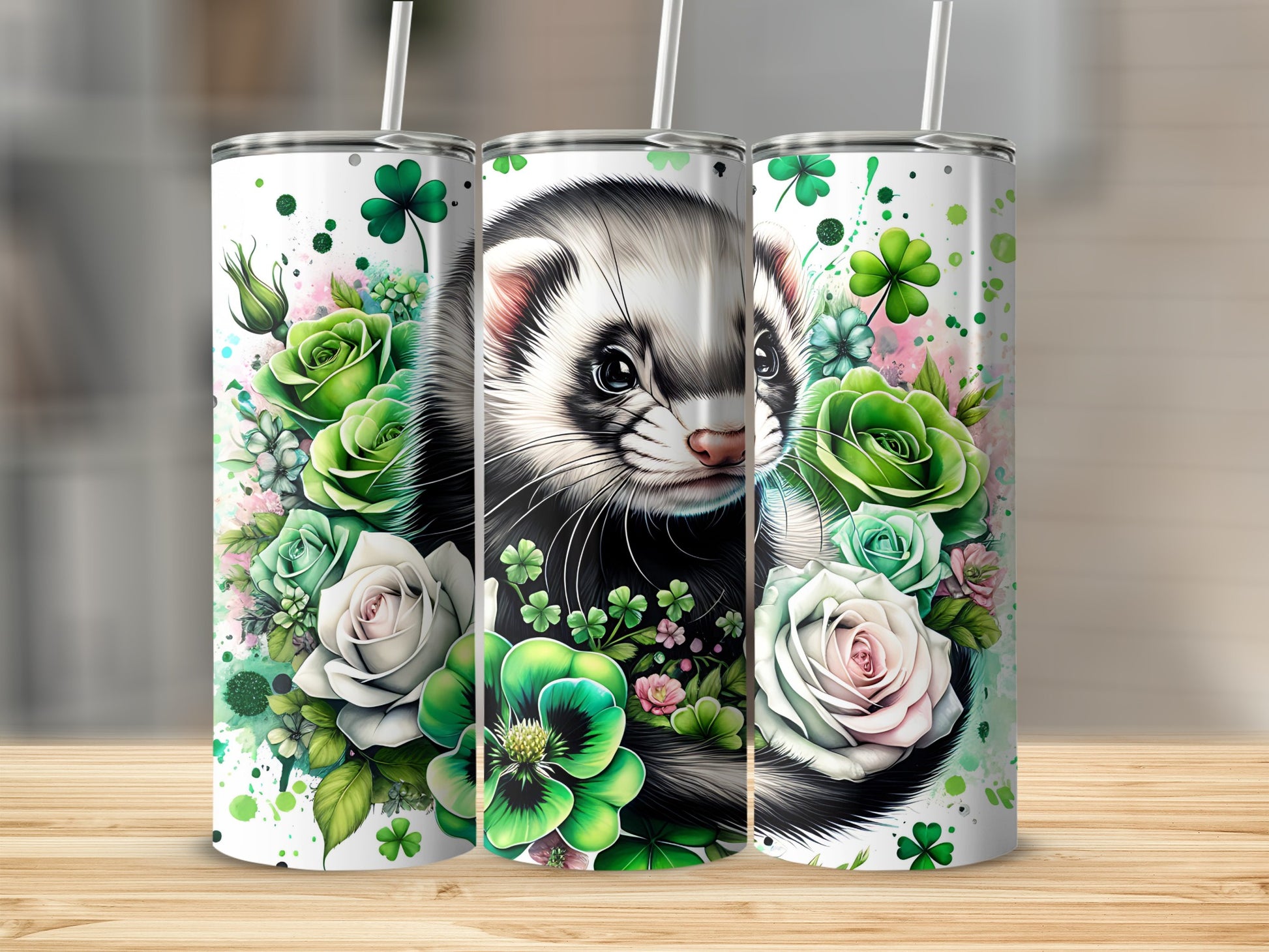 Adorable Ferret and Roses Floral Design Tumbler