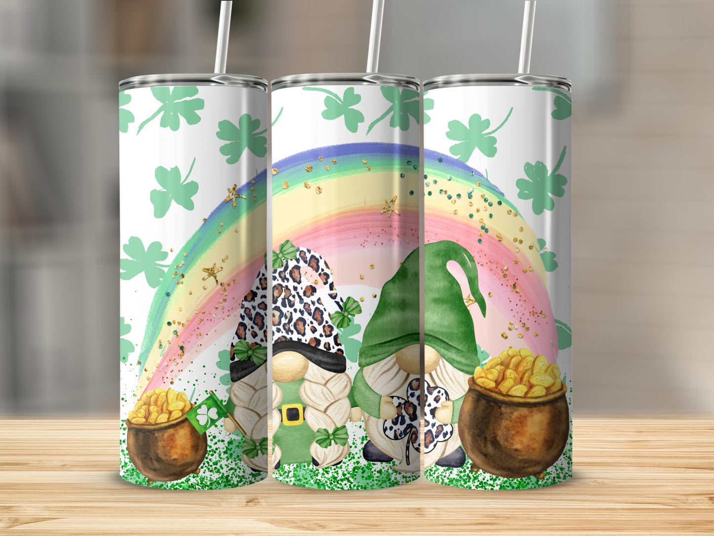 St. Patrick's Day Gnome Rainbow Tumbler with Shamrocks