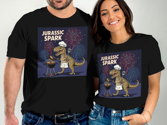 Couple wearing black t-shirts with Jurassic Park dinosaur grilling graphic.