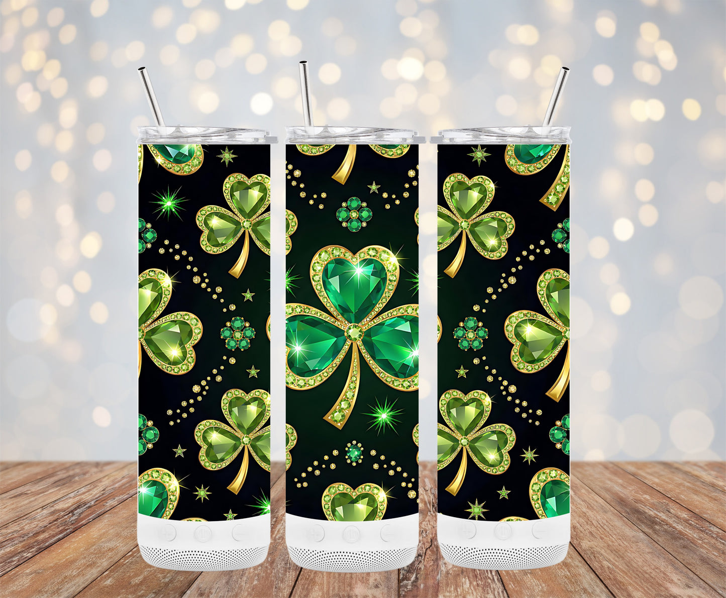 Glittering Green Shamrock and Stars Print Tumbler