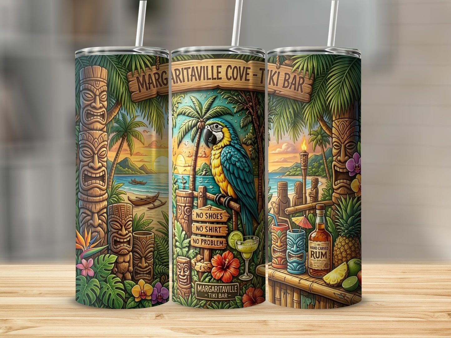 Tiki bar scene with a parrot, rum, and "Margaritaville Cove - Tiki Bar" text.